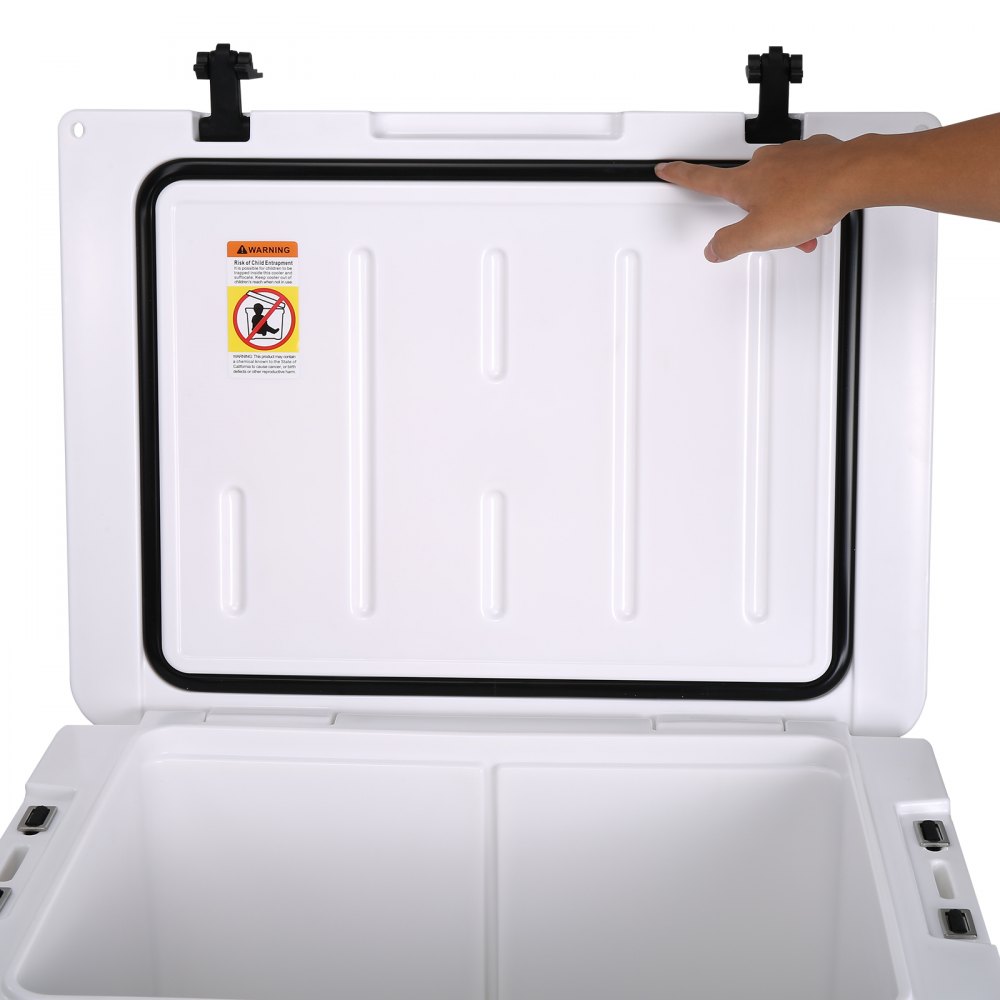hand opening the lid of a white VEVOR portable cooler, showing the interior and seal.