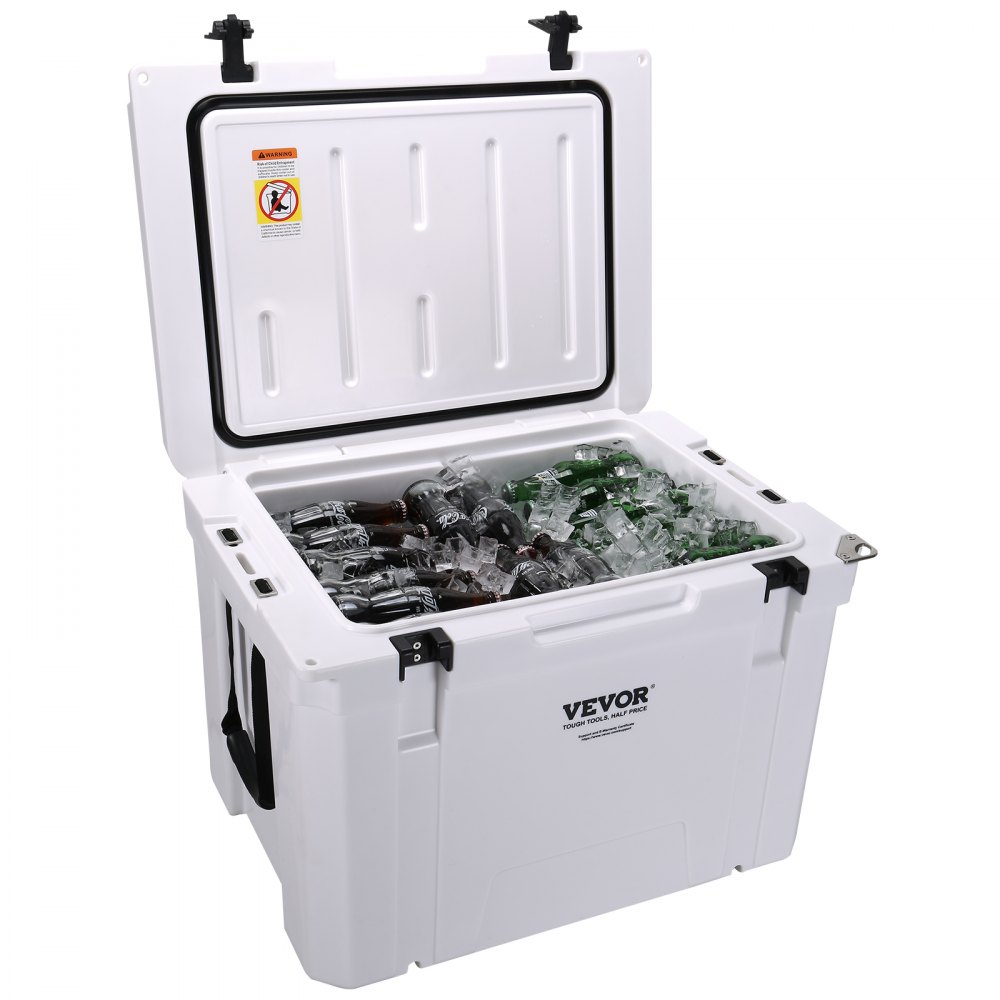 VEVOR portable cooler filled with ice and assorted bottles, open lid displaying interior storage.
