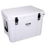 VEVOR portable cooler with sturdy white body, black latches, and carrying handles drawn up.