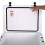 hand opening the lid of a white VEVOR portable cooler, showing the interior and seal.