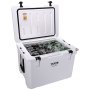 VEVOR portable cooler filled with ice and assorted bottles, open lid displaying interior storage.