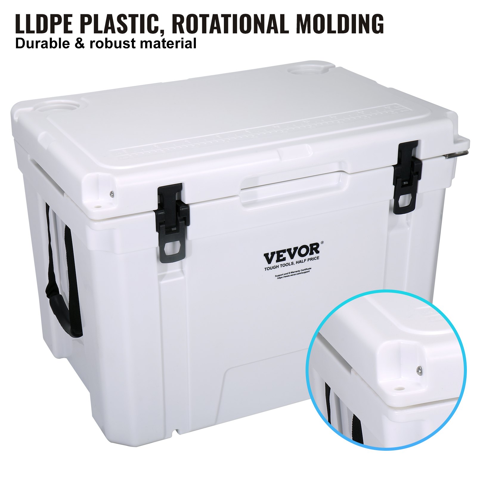 white VEVOR portable cooler with durable lldpe plastic, black latches, and robust handle.