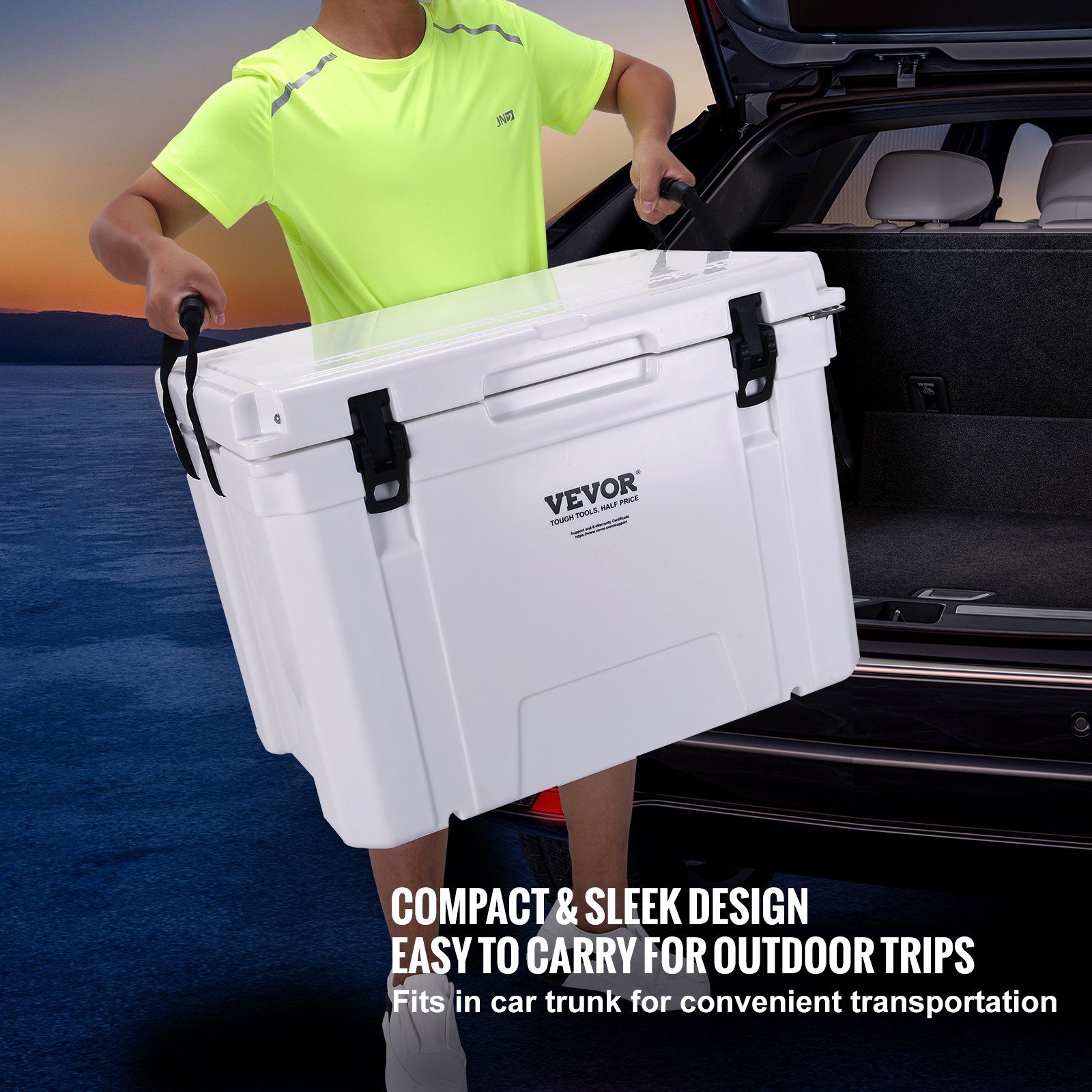 person loading a VEVOR portable cooler into a car trunk at sunset, highlighting easy transport and sleek design.