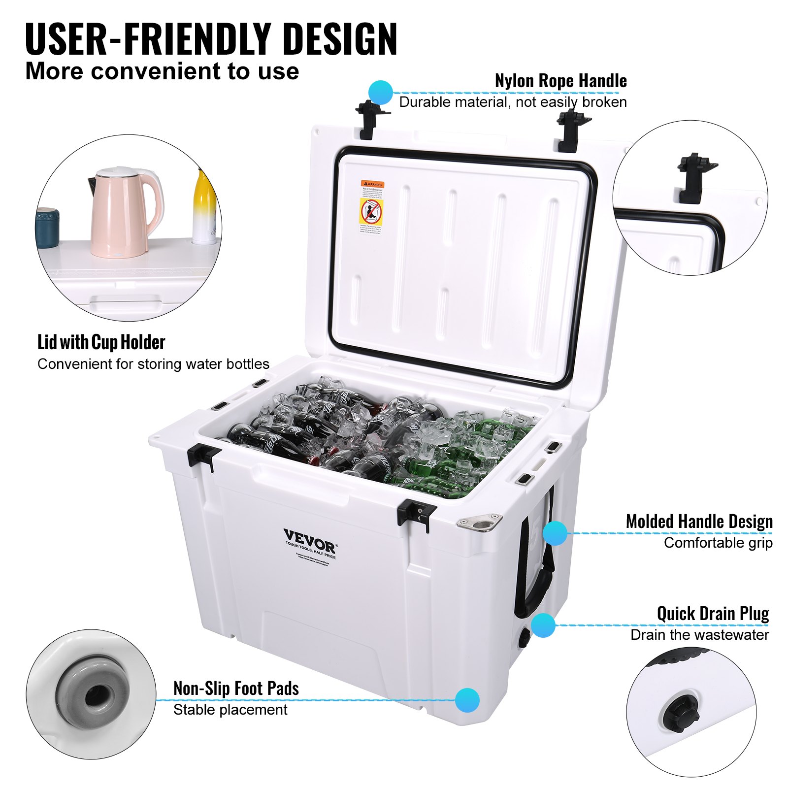 VEVOR portable cooler with lid cup holder, nylon rope handle, molded handles, and quick drain plug.