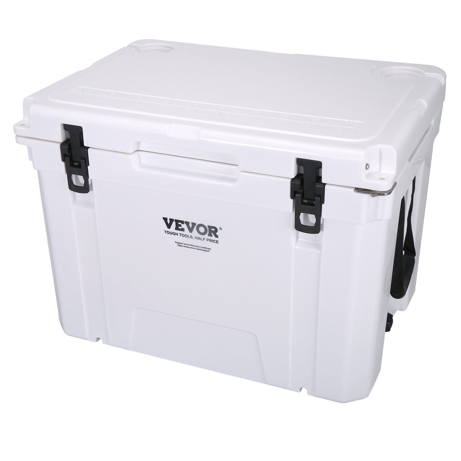 white VEVOR portable cooler with secure black latches and handle, offering reliable insulation.