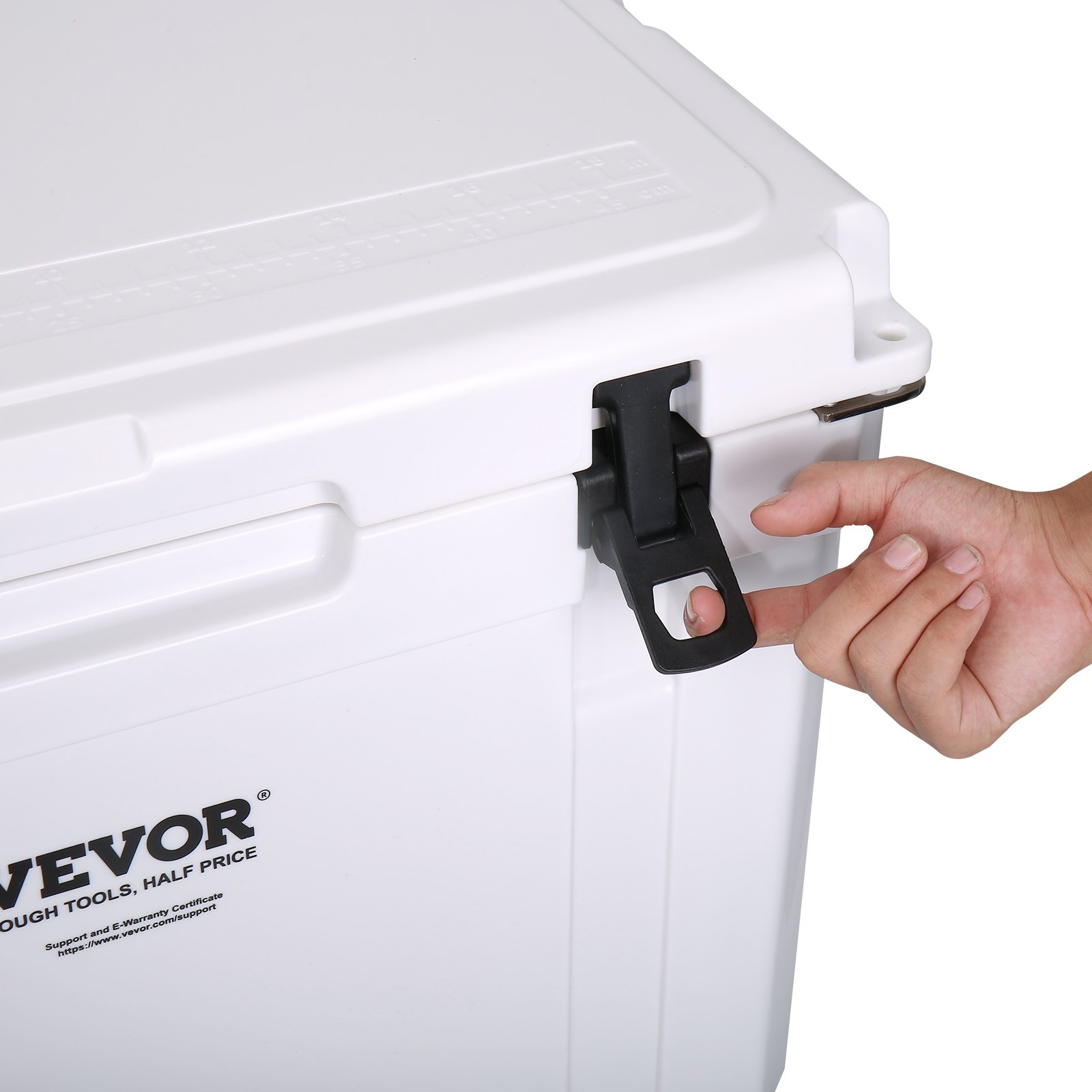 VEVOR portable cooler with secure latch being opened by a hand.