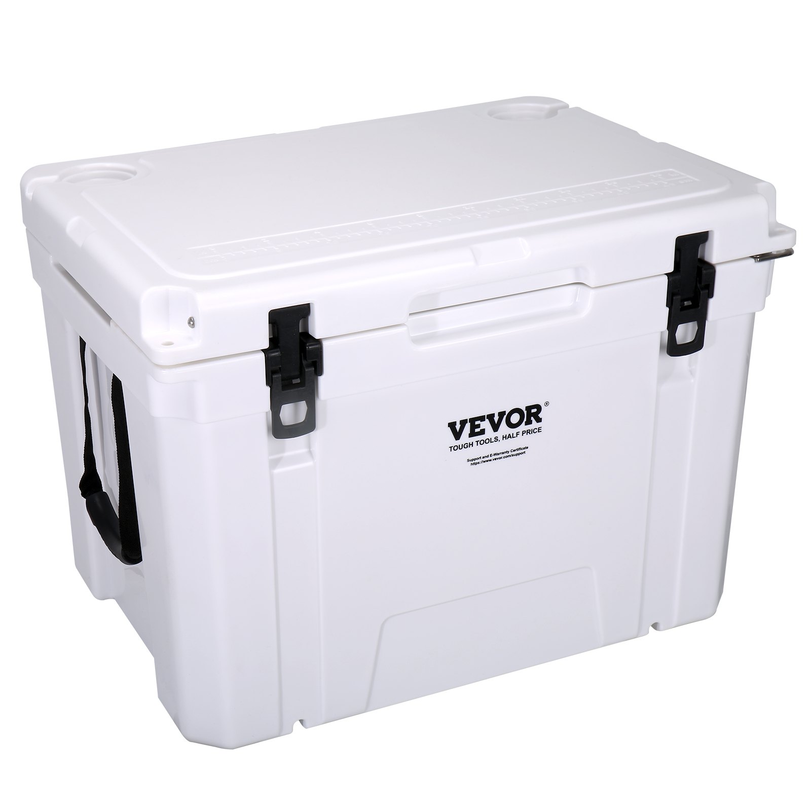 VEVOR portable cooler with sturdy white body, black latches, and carrying handles drawn up.