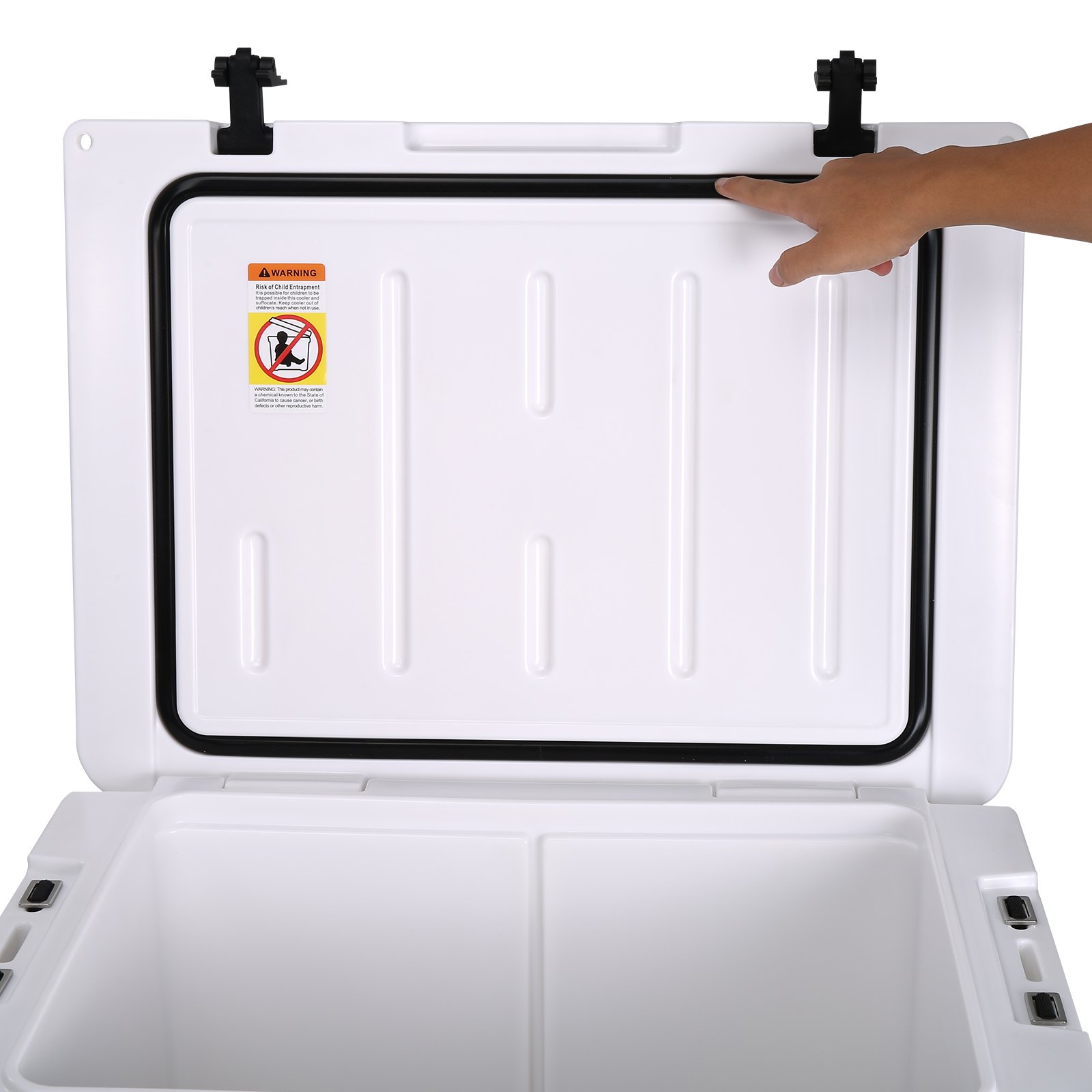 hand opening the lid of a white VEVOR portable cooler, showing the interior and seal.