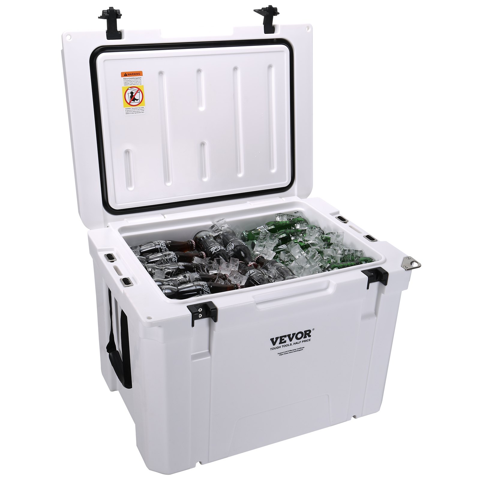 VEVOR portable cooler filled with ice and assorted bottles, open lid displaying interior storage.