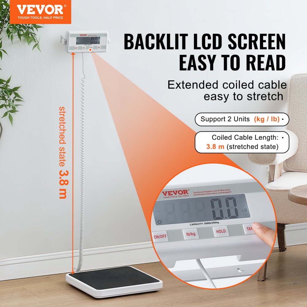 VEVOR Portable Medical Scale, Professional Digital Physician Scale for Weighing - with Anti-Slip Mat, 2 Units (kg/lb), Hold & Tare Function, 550LBS Capacity Physician Wight Scale for Gym Home Hospital