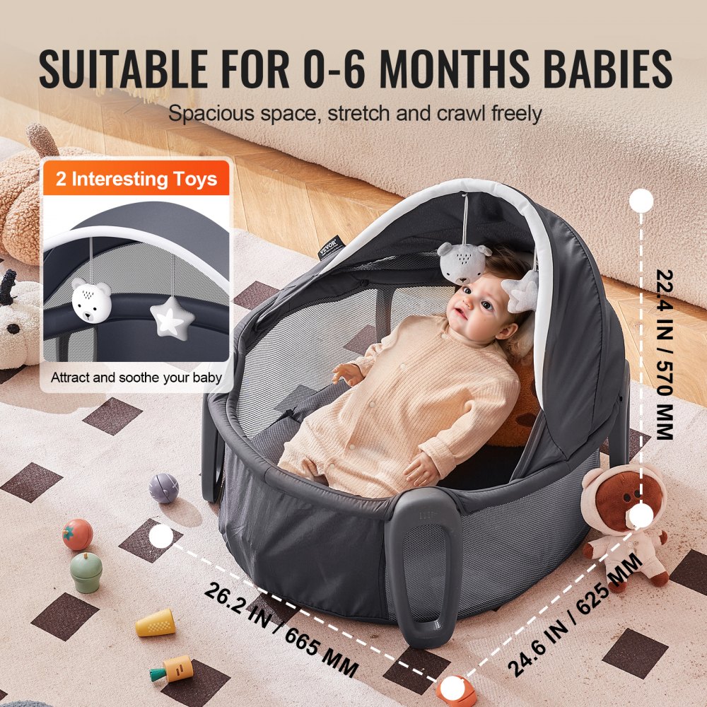 VEVOR Portable Baby Bassinet, On-The-Go Baby Dome with Canopy & Developmental Toys, Quick-Folding Travel Crib, Lightweight Baby Cradle Infant Bed for Indoors/Outdoors, Suitable for 0-6 Months Newborns