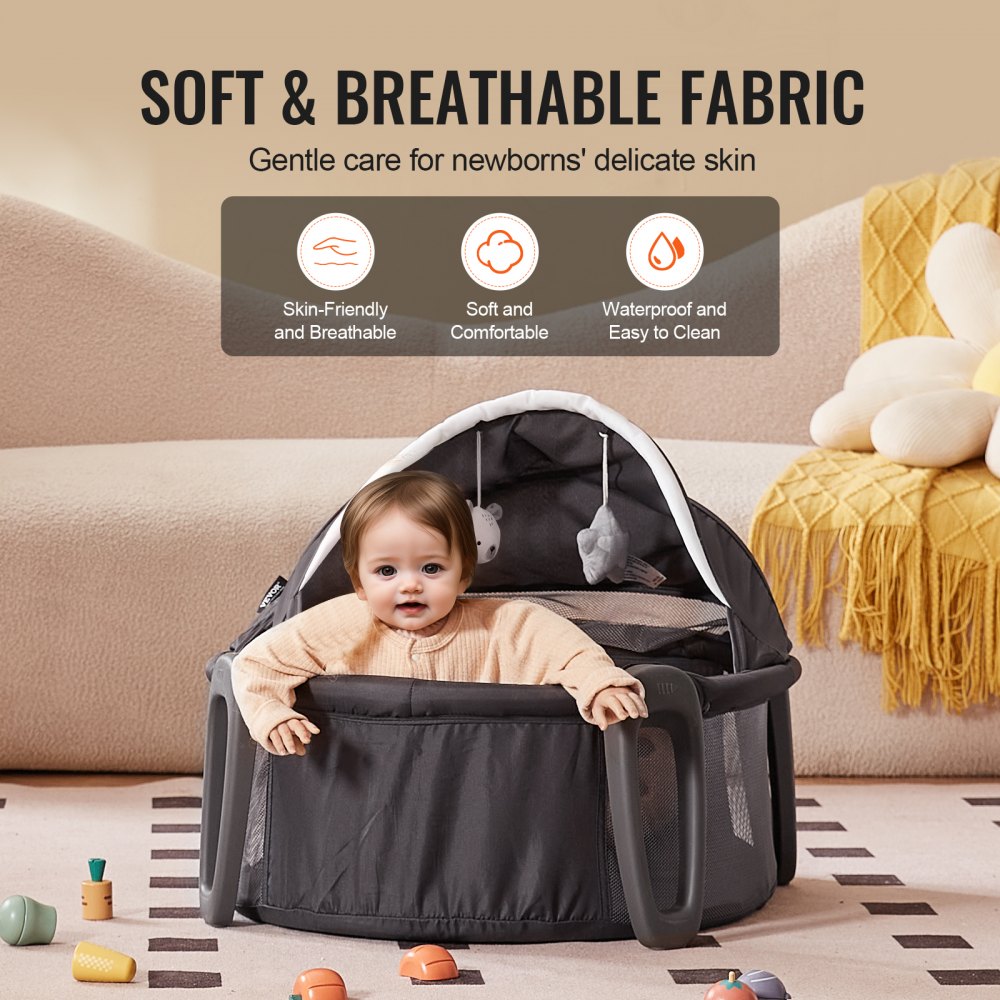 VEVOR Portable Baby Bassinet, On-The-Go Baby Dome with Canopy & Developmental Toys, Quick-Folding Travel Crib, Lightweight Baby Cradle Infant Bed for Indoors/Outdoors, Suitable for 0-6 Months Newborns