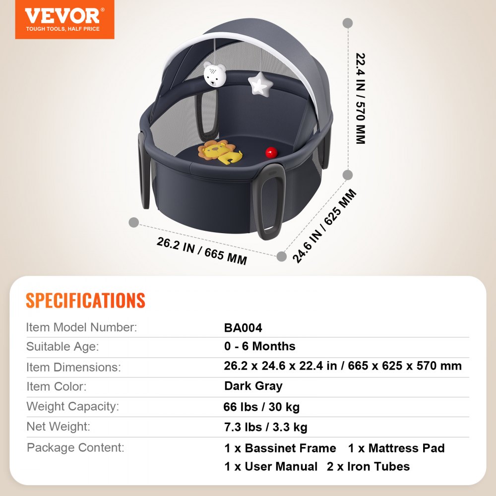 VEVOR Portable Baby Bassinet, On-The-Go Baby Dome with Canopy & Developmental Toys, Quick-Folding Travel Crib, Lightweight Baby Cradle Infant Bed for Indoors/Outdoors, Suitable for 0-6 Months Newborns