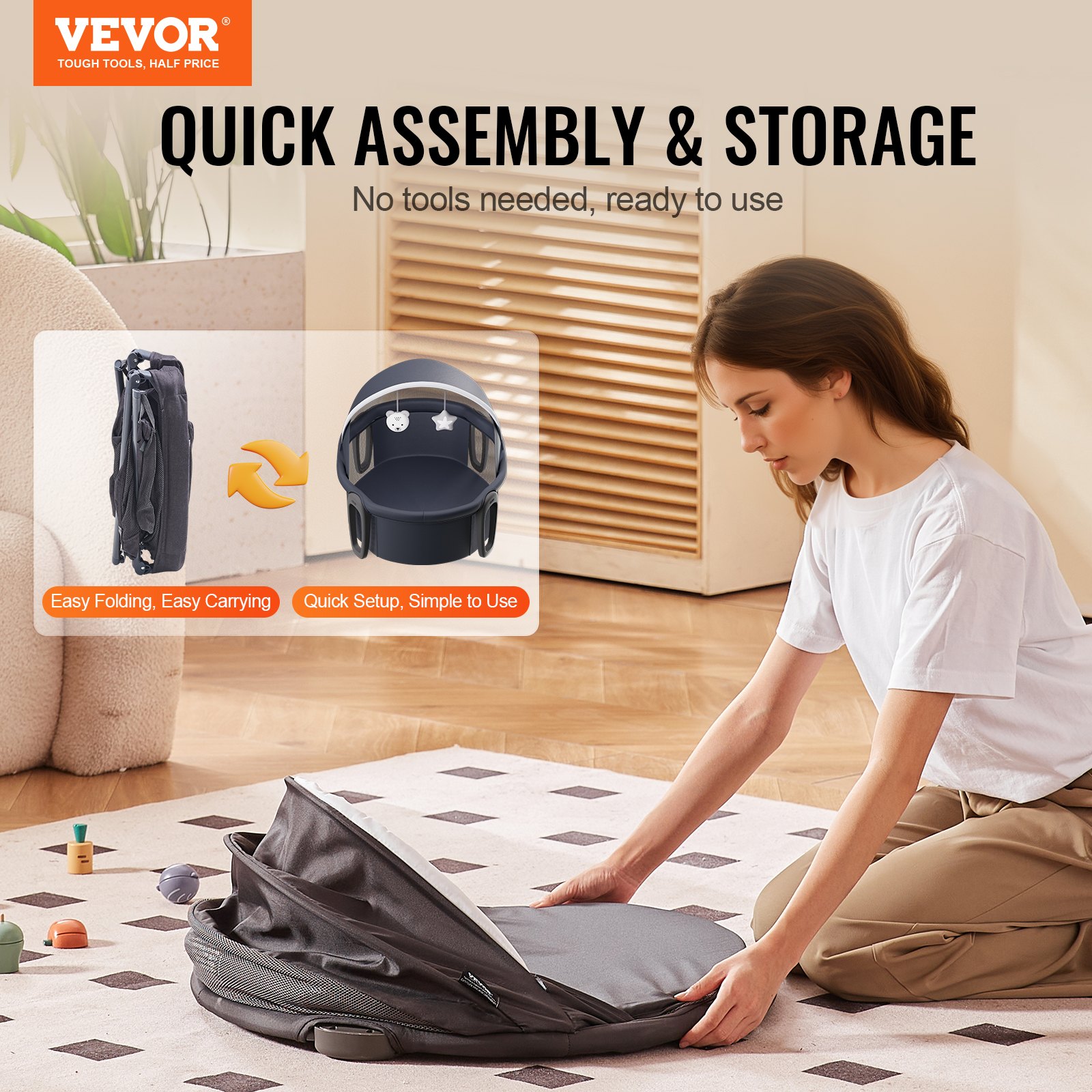 VEVOR Portable Baby Bassinet, On-The-Go Baby Dome with Canopy & Developmental Toys, Quick-Folding Travel Crib, Lightweight Baby Cradle Infant Bed for Indoors/Outdoors, Suitable for 0-6 Months Newborns