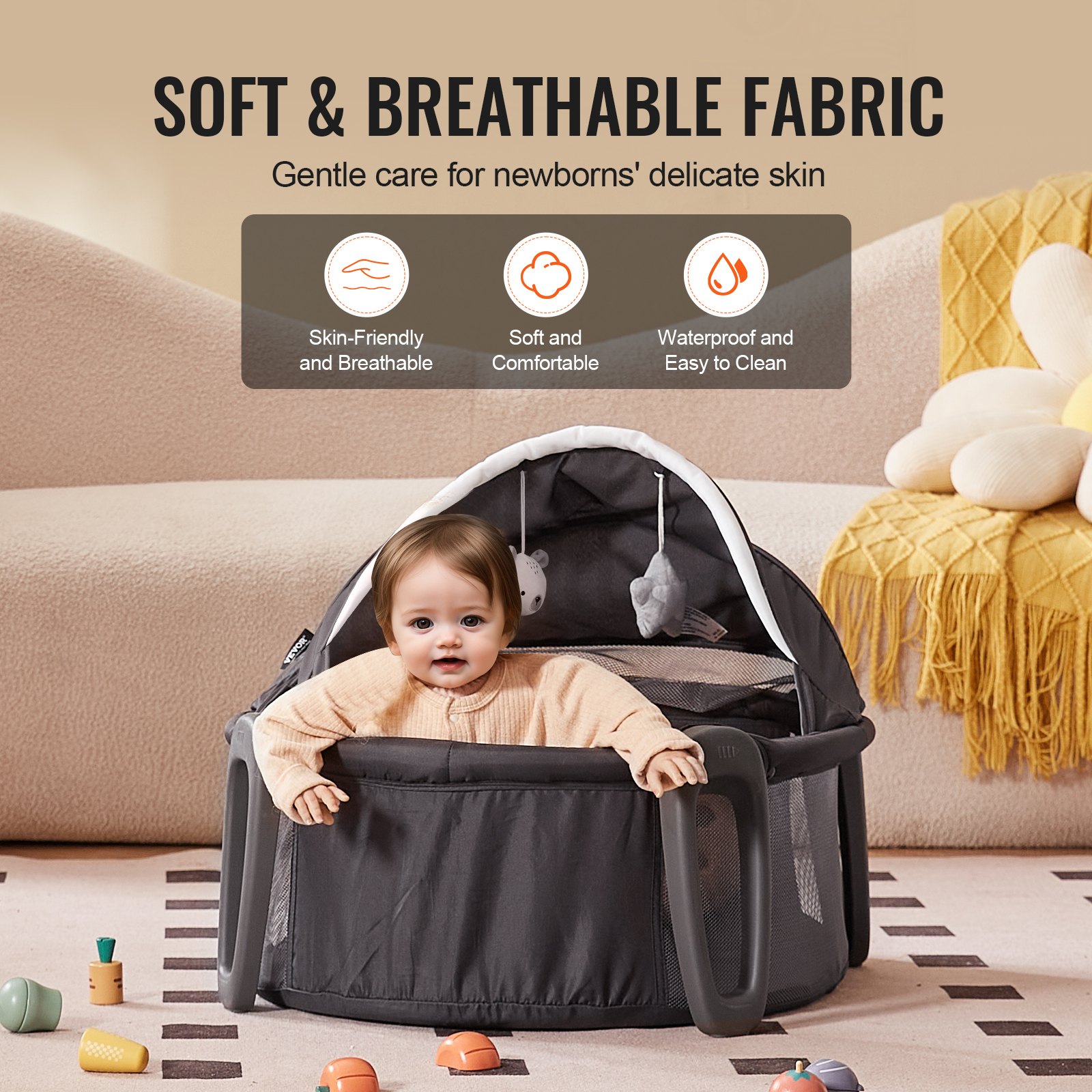 VEVOR Portable Baby Bassinet, On-The-Go Baby Dome with Canopy & Developmental Toys, Quick-Folding Travel Crib, Lightweight Baby Cradle Infant Bed for Indoors/Outdoors, Suitable for 0-6 Months Newborns