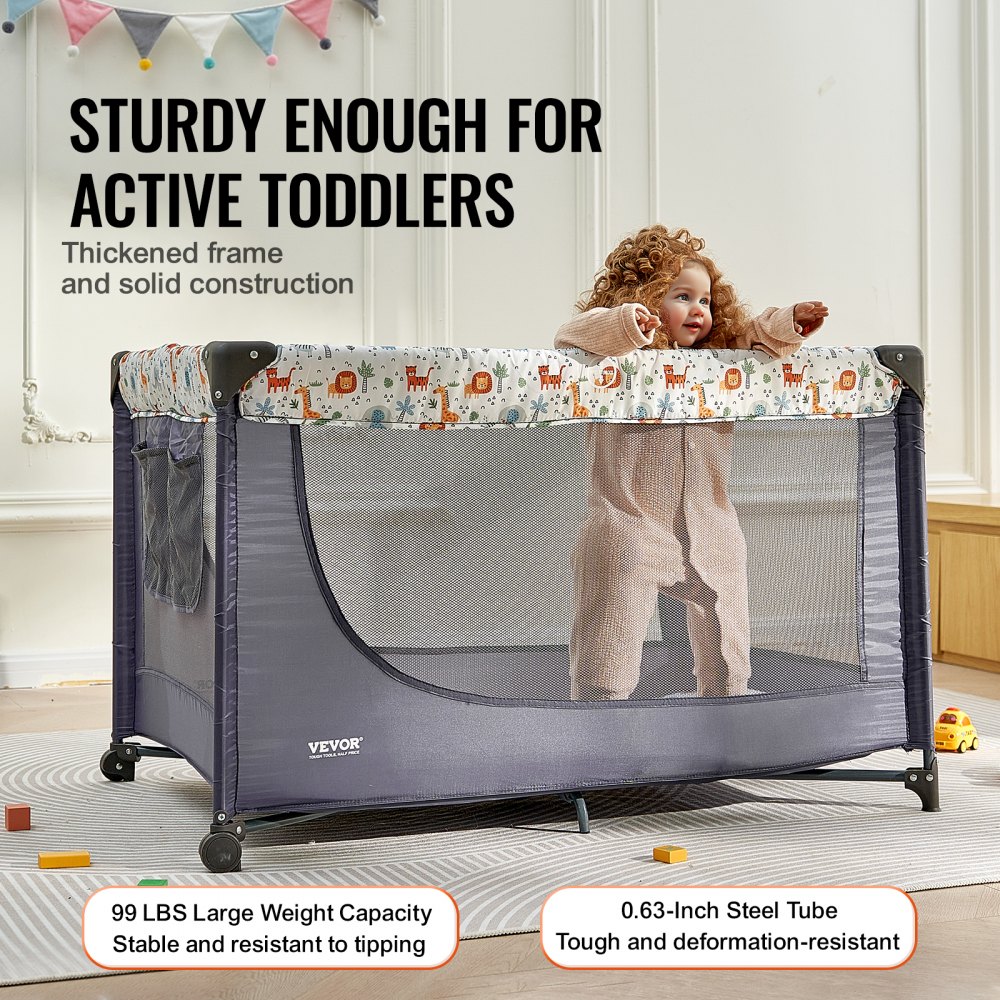 VEVOR Baby Playpen Travel Crib, Quick-Folding Playpen for Baby & Toddler, Portable Baby Fence Play Yard with Wheels, Breathable Mesh & Travel Bag, Indoor/Outdoor Kids Activity Center for 0-36 Months