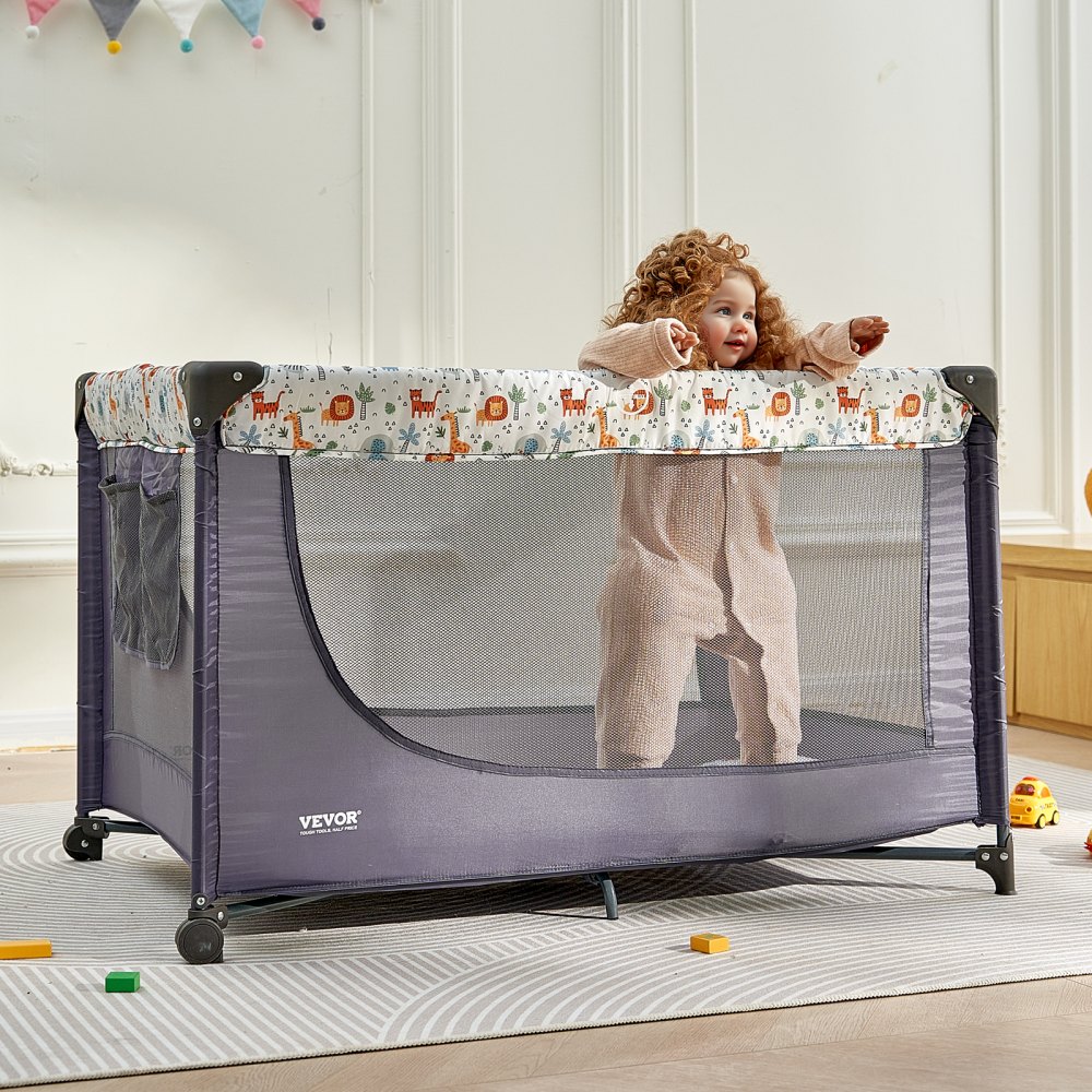 VEVOR Baby Playpen Travel Crib, Quick-Folding Playpen for Baby & Toddler, Portable Baby Fence Play Yard with Wheels, Breathable Mesh & Travel Bag, Indoor/Outdoor Kids Activity Center for 0-36 Months