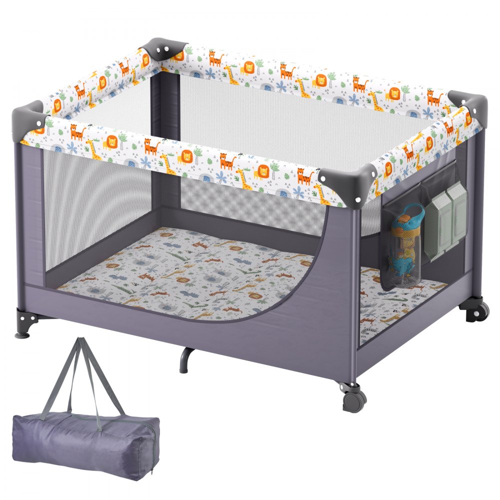VEVOR Baby Playpen Travel Crib, Quick-Folding Playpen for Baby & Toddler, Portable Baby Fence Play Yard with Wheels, Breathable Mesh & Travel Bag, Indoor/Outdoor Kids Activity Center for 0-36 Months