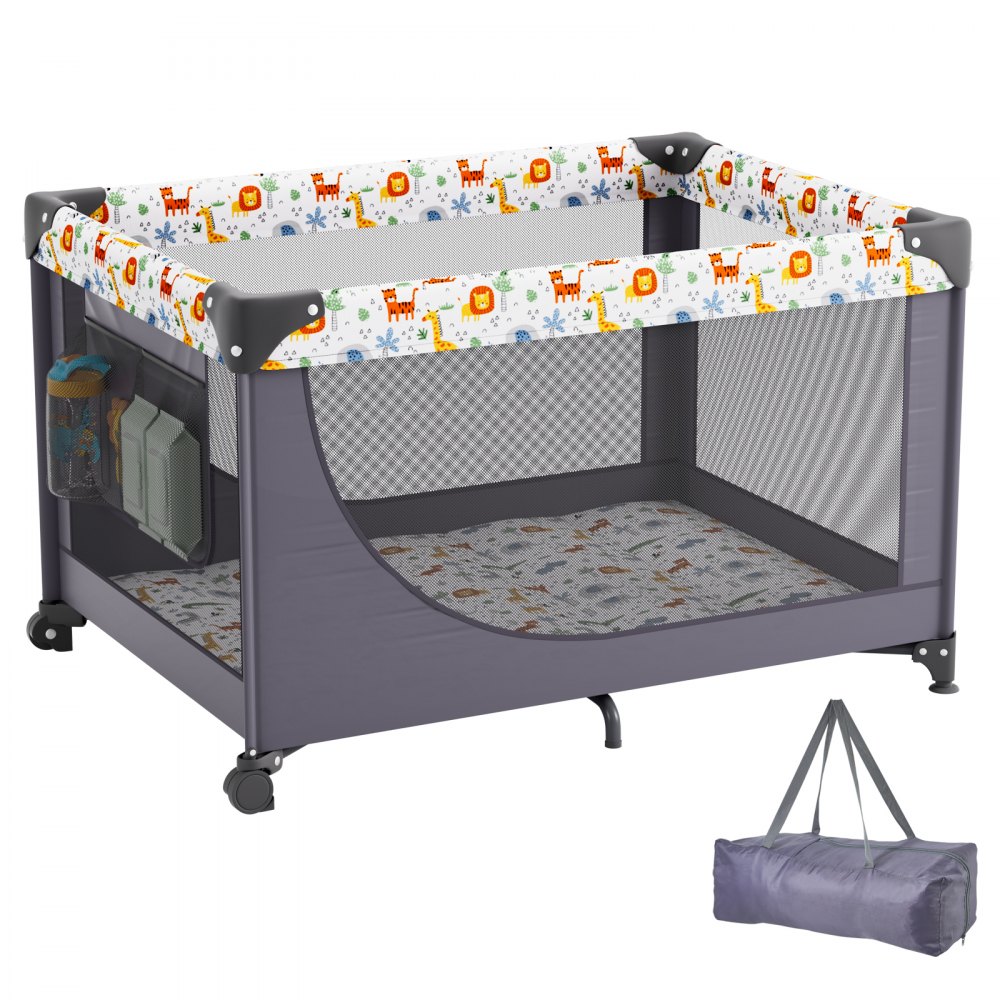 VEVOR Baby Playpen Travel Crib, Quick-Folding Playpen for Baby & Toddler, Portable Baby Fence Play Yard with Wheels, Breathable Mesh & Travel Bag, Indoor/Outdoor Kids Activity Center for 0-36 Months