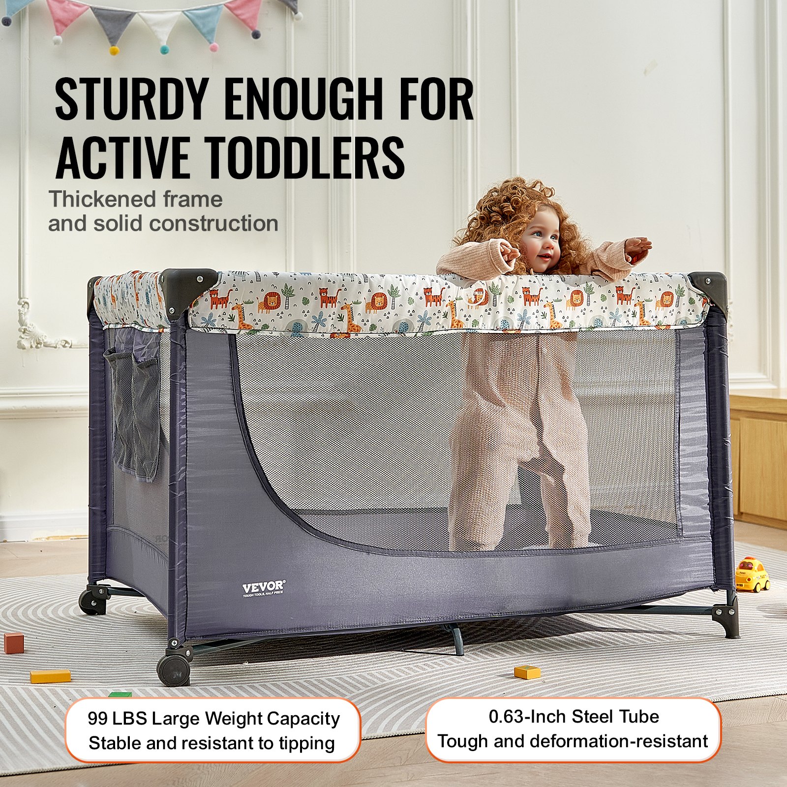 VEVOR Baby Playpen Travel Crib, Quick-Folding Playpen for Baby & Toddler, Portable Baby Fence Play Yard with Wheels, Breathable Mesh & Travel Bag, Indoor/Outdoor Kids Activity Center for 0-36 Months