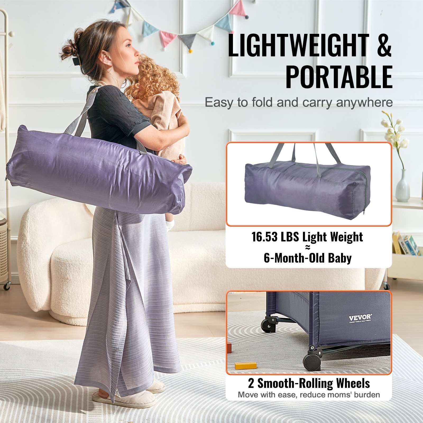 VEVOR Baby Playpen Travel Crib, Quick-Folding Playpen for Baby & Toddler, Portable Baby Fence Play Yard with Wheels, Breathable Mesh & Travel Bag, Indoor/Outdoor Kids Activity Center for 0-36 Months