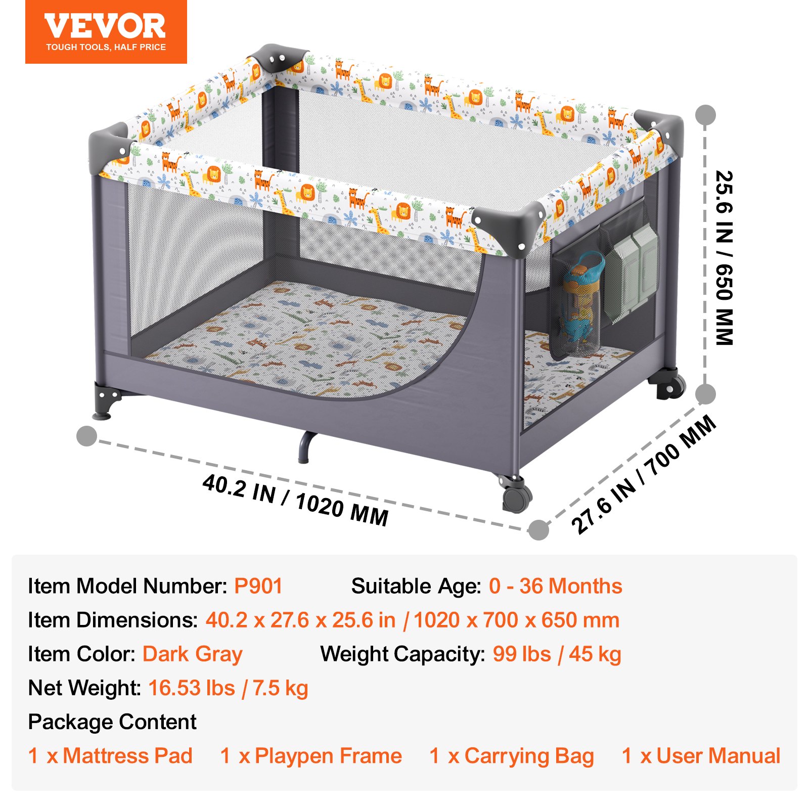 VEVOR Baby Playpen Travel Crib, Quick-Folding Playpen for Baby & Toddler, Portable Baby Fence Play Yard with Wheels, Breathable Mesh & Travel Bag, Indoor/Outdoor Kids Activity Center for 0-36 Months