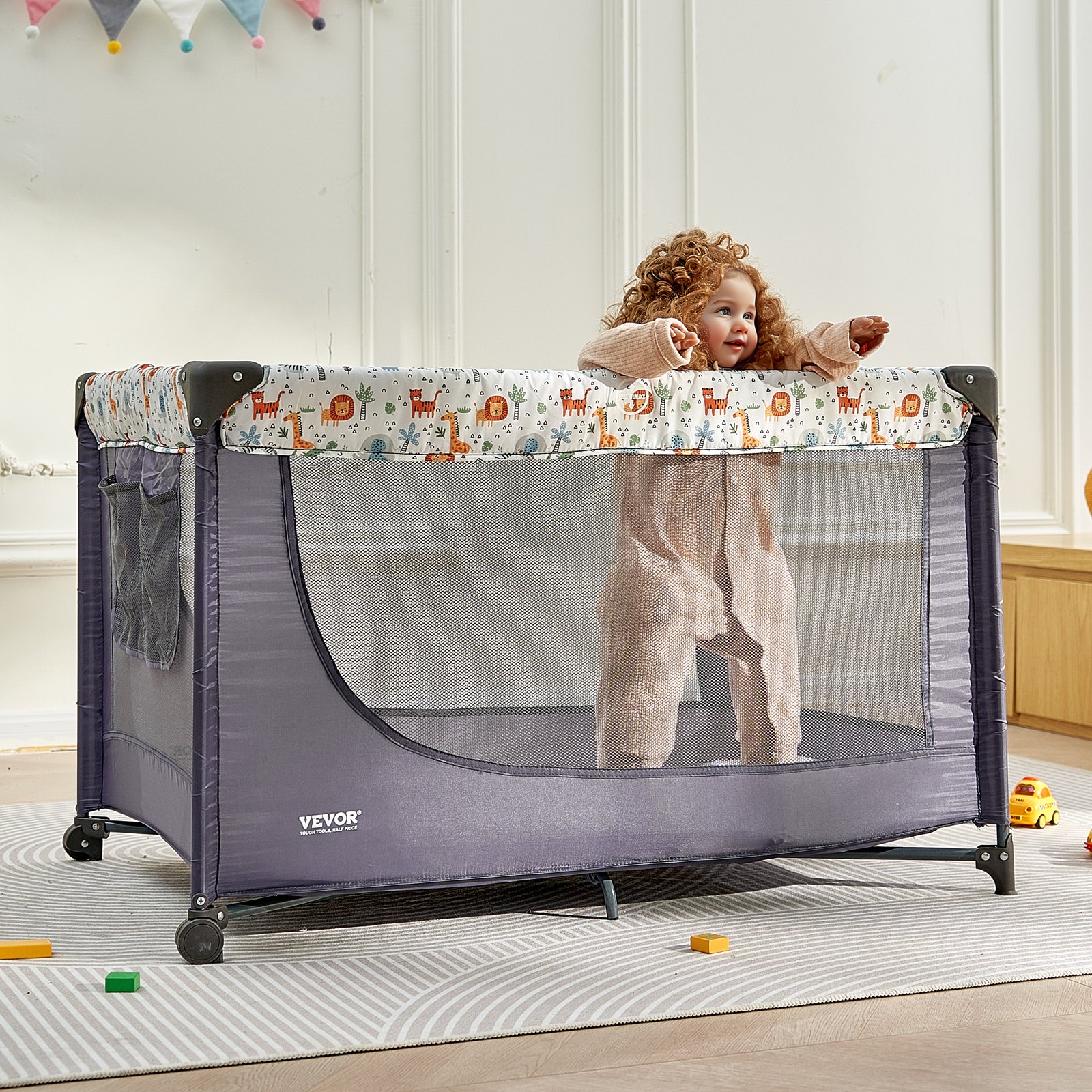 VEVOR Baby Playpen Travel Crib, Quick-Folding Playpen for Baby & Toddler, Portable Baby Fence Play Yard with Wheels, Breathable Mesh & Travel Bag, Indoor/Outdoor Kids Activity Center for 0-36 Months