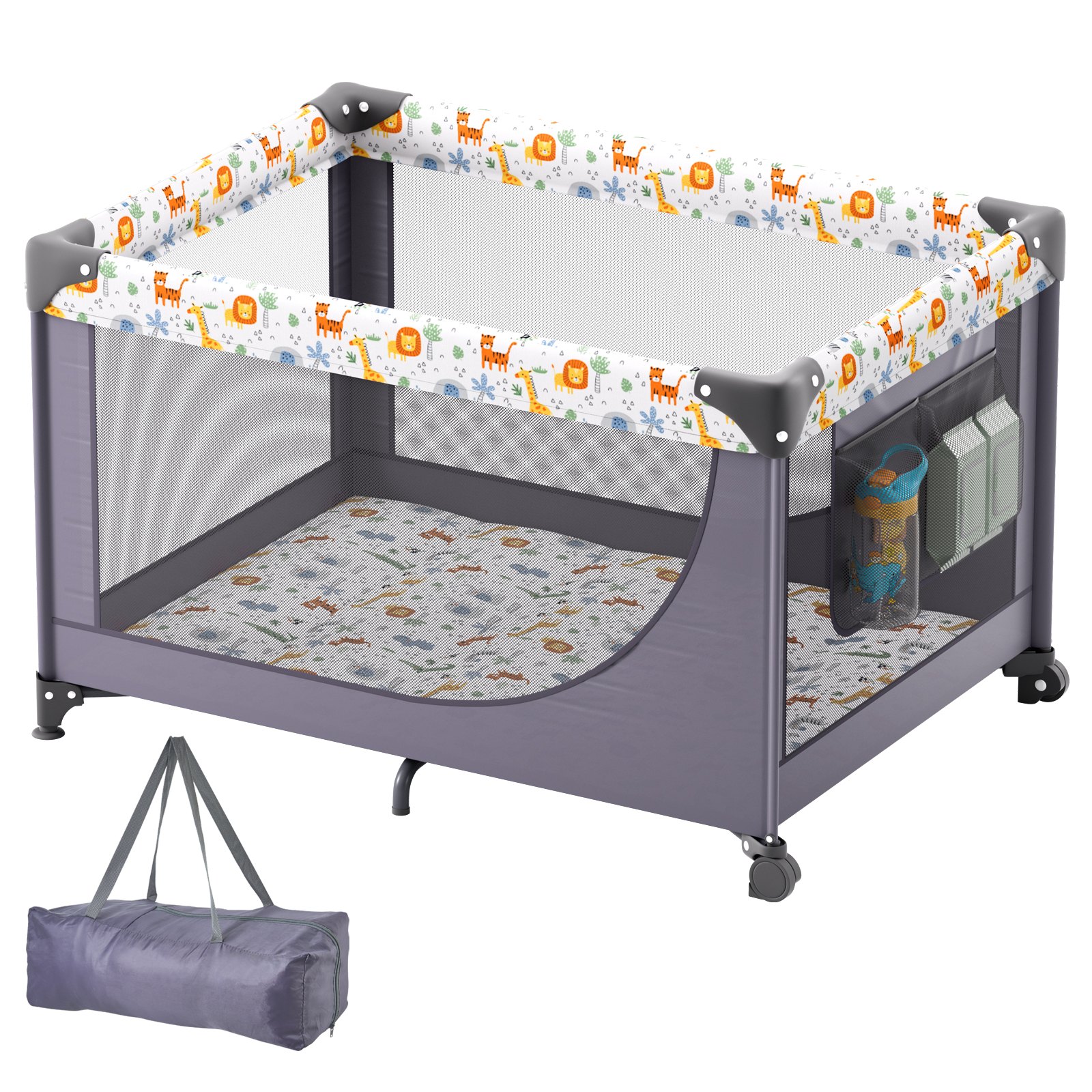 VEVOR Baby Playpen Travel Crib, Quick-Folding Playpen for Baby & Toddler, Portable Baby Fence Play Yard with Wheels, Breathable Mesh & Travel Bag, Indoor/Outdoor Kids Activity Center for 0-36 Months