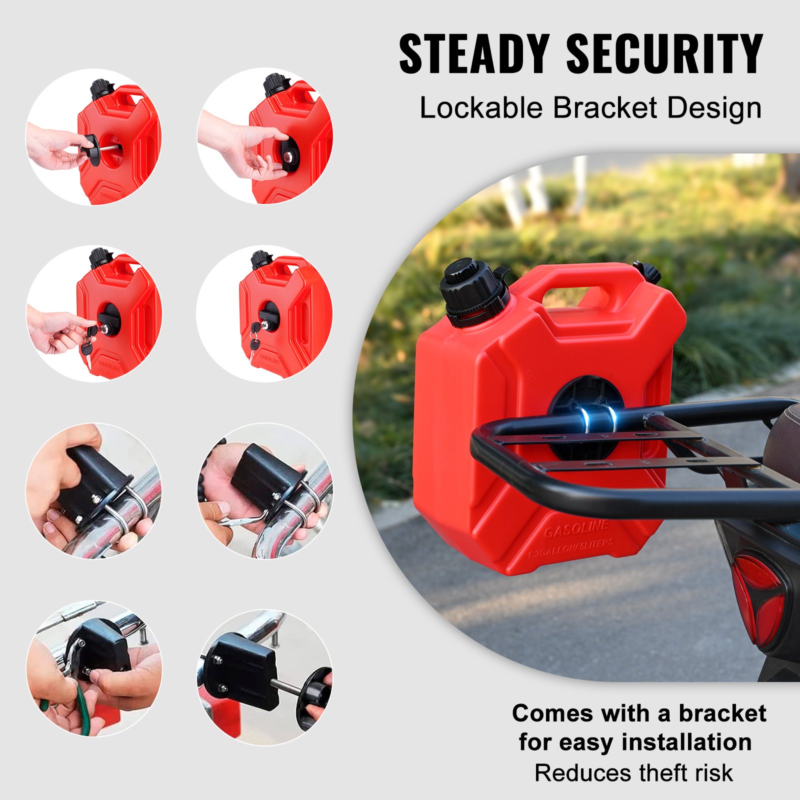 VEVOR Water Can, 1.3 Gallon/5L, Water Tank with Spout and Lockable Bracket, Storage Water Container, Auto-Off Function & Adjustable Flow Rate, Compatible with Most Cars Motorcycle SUV ATV UTV, Red