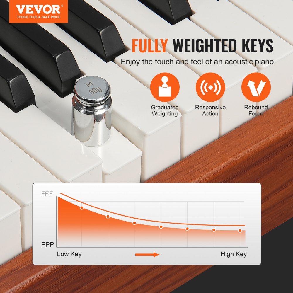 Piano digital contrapesado VEVOR, 88 teclas totalmente contrapesadas, piano eléctrico con teclado dual y altavoces, soporte de piano de cuatro patas con auriculares, 200 tonos y ritmos, compatible con Bluetooth/USB/MIDI, para principiantes.