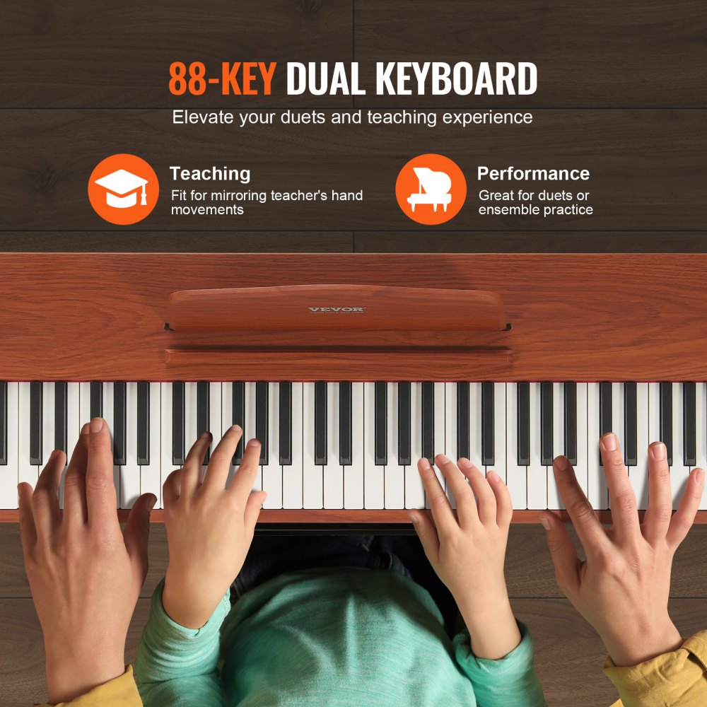 Piano digital contrapesado VEVOR, 88 teclas totalmente contrapesadas, piano eléctrico con teclado dual y altavoces, soporte de piano de cuatro patas con auriculares, 200 tonos y ritmos, compatible con Bluetooth/USB/MIDI, para principiantes.