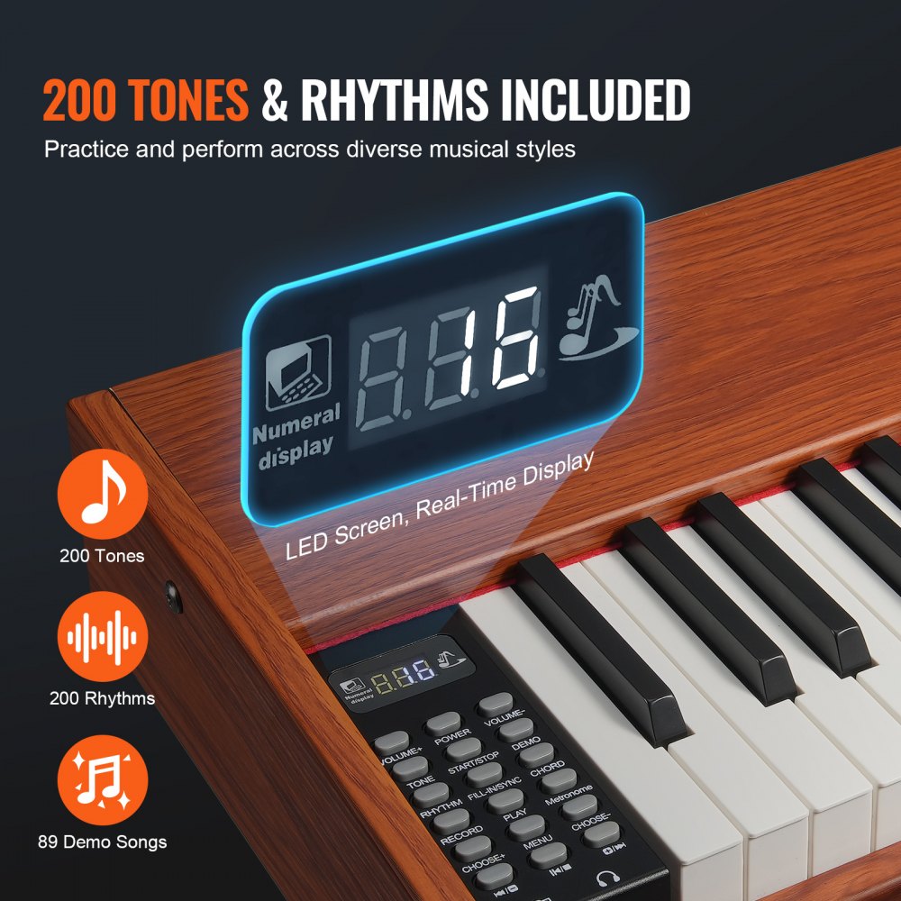 Piano digital contrapesado VEVOR, 88 teclas totalmente contrapesadas, piano eléctrico con teclado dual y altavoces, soporte de piano de cuatro patas con auriculares, 200 tonos y ritmos, compatible con Bluetooth/USB/MIDI, para principiantes.