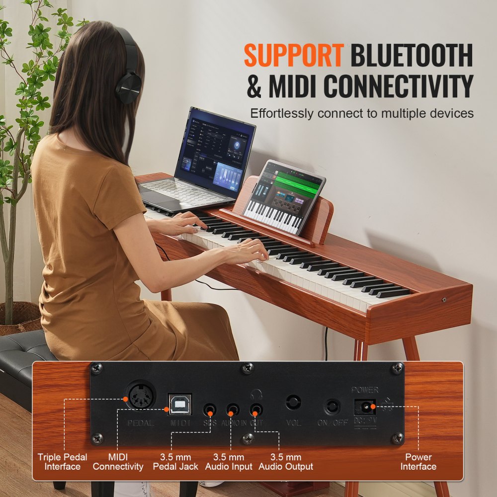 Piano digital contrapesado VEVOR, 88 teclas totalmente contrapesadas, piano eléctrico con teclado dual y altavoces, soporte de piano de cuatro patas con auriculares, 200 tonos y ritmos, compatible con Bluetooth/USB/MIDI, para principiantes.