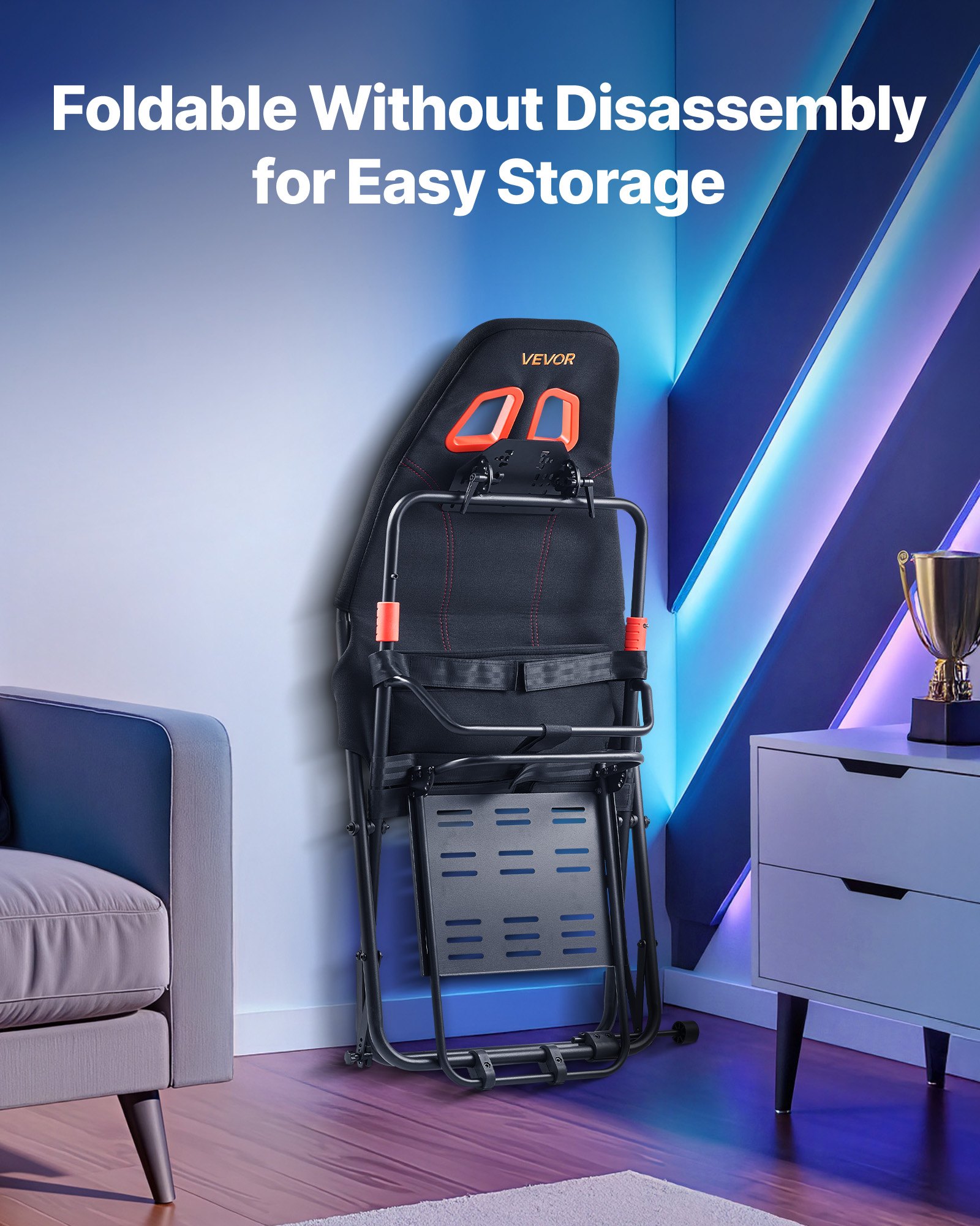 VEVOR Portable Racing Wheel Stand, Foldable & Adjustable Steering Sim Wheel Stand, 470 mm Seat Inner Width, Compatible with Logitech G923/G920/G29, Thrustmaster T248P, Fanatec, Hori, Mad Catz, Black