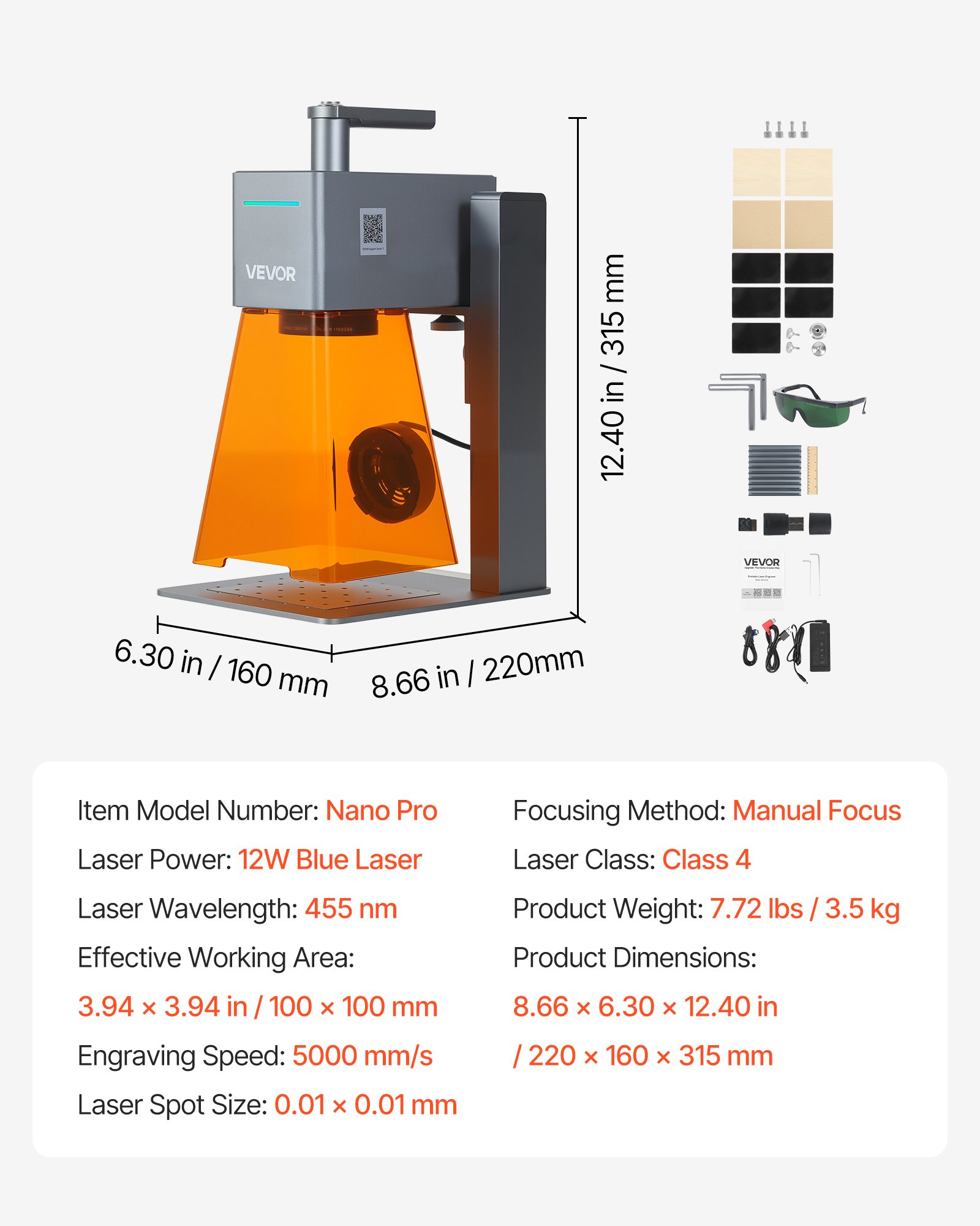 VEVOR Portable Laser Engraver, 5000 mm/s High Speed, 12W Handheld Blue Laser Engraver and Cutter, Engraving Precision 0.01 x 0.01 mm, DIY Engraving Tool, for Wood, Acrylic, Leather, Cloth, Class 4