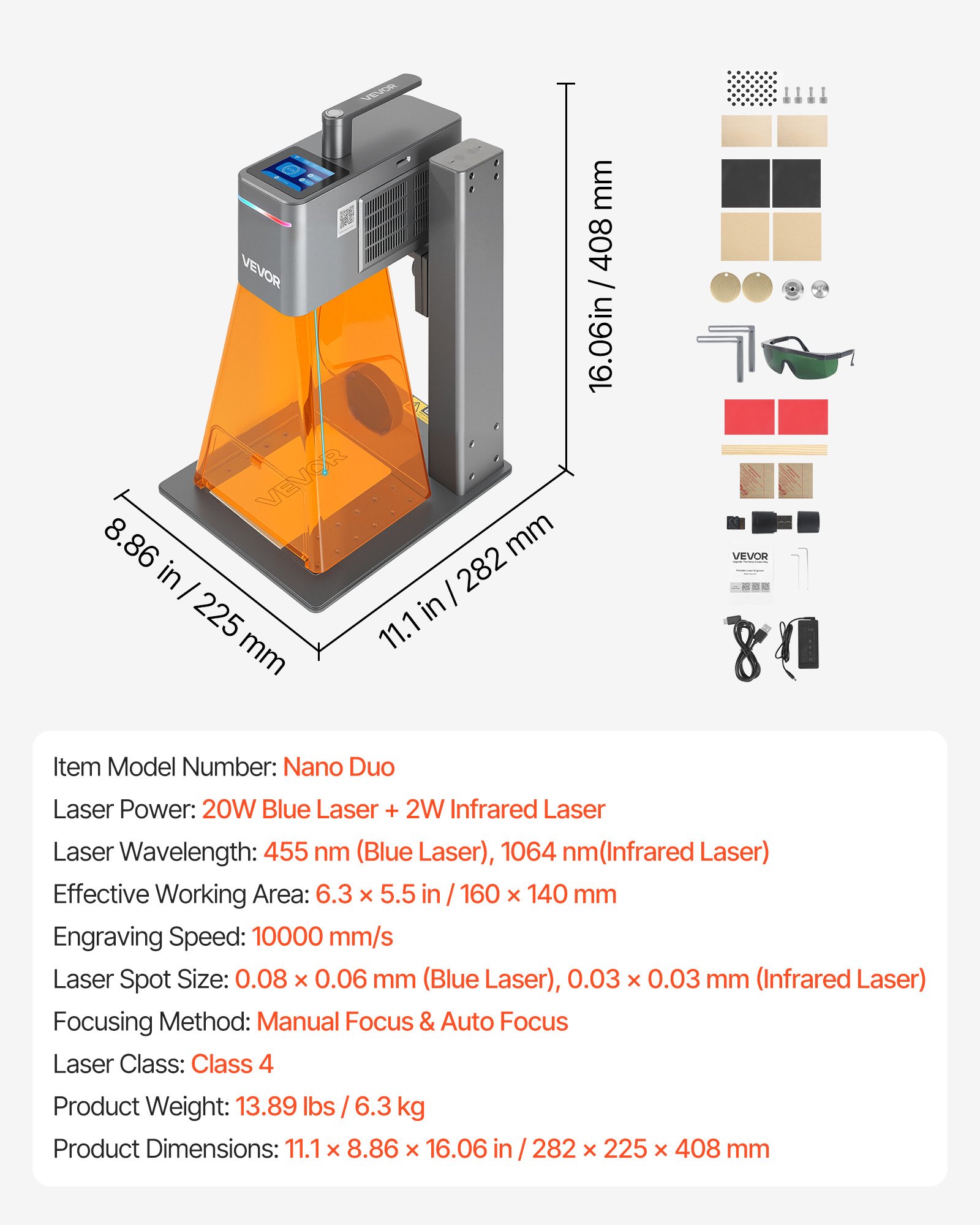 VEVOR 2-in-1 Dual Laser Engraver, 10,000 mm/s High Speed, Portable 20W Blue and 2W IR Laser Engraving Machine, 160 x 140 mm Engraving Area, Manual & Auto Focus, DIY Engraver Tool, for Wood Acrylic