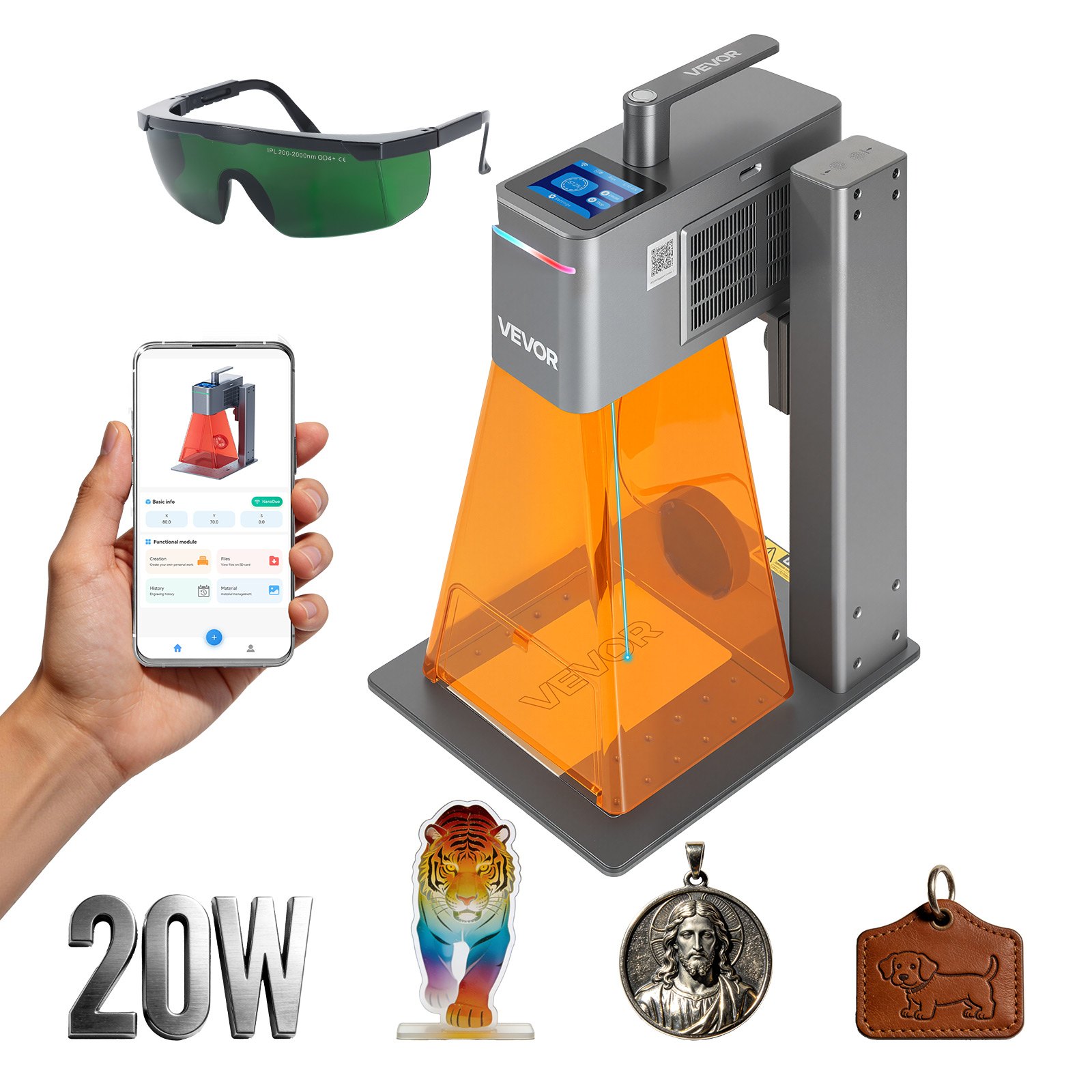 VEVOR 2-in-1 Dual Laser Engraver, 10,000 mm/s High Speed, Portable 20W Blue and 2W IR Laser Engraving Machine, 160 x 140 mm Engraving Area, Manual & Auto Focus, DIY Engraver Tool, for Wood Acrylic