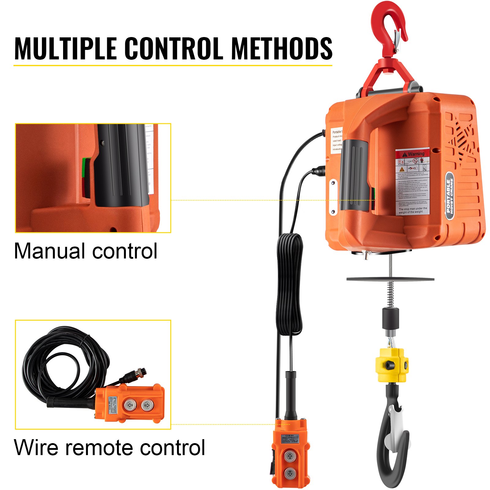 VEVOR Electric Hoist Winch Portable 500KG Electric Remote Control 7.6m 1500W