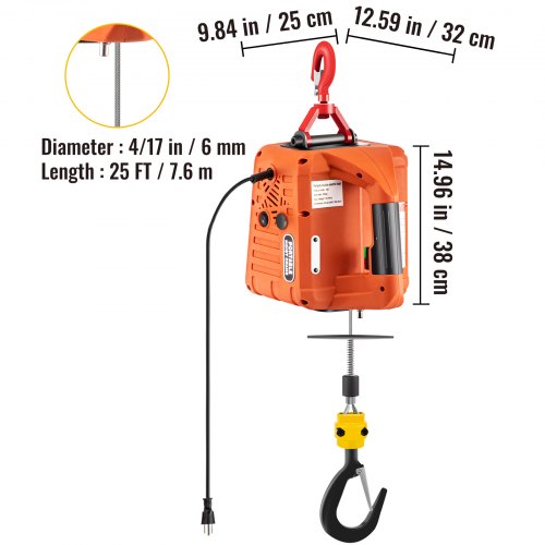 VEVOR Electric Hoist Winch, 1100lbs Portable Electric Winch, 1500W 110V Power Winch Crane, 25ft Lifting Height, w/Wireless Remote Control and Overload Protection for Garages Warehouse Lifting Towing