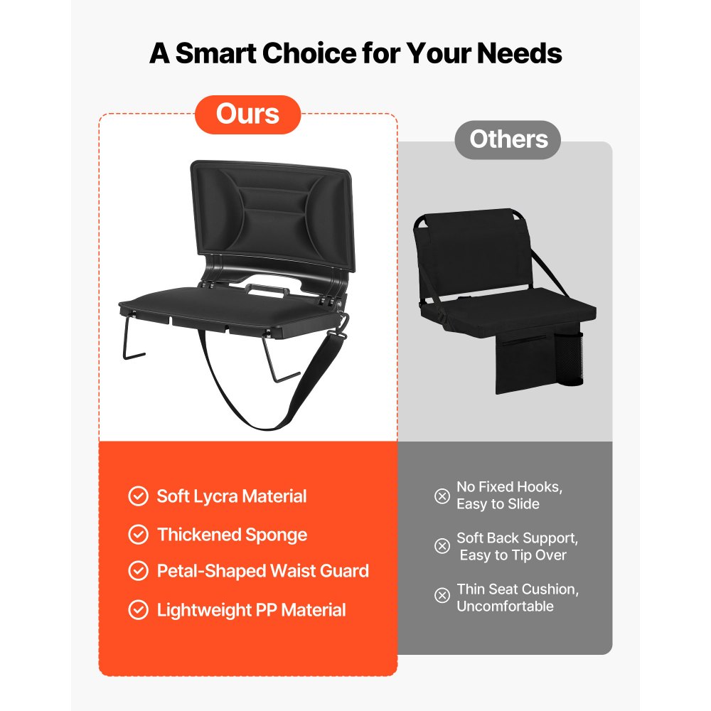 VEVOR Stadium Seat, Folding Bleacher Chair with Back Support and Thick Cushion, Padded Stadium Seat for Bleacher Includes Shoulder Strap, Hooks, Cup Holder, Lycra Material, Side Pocket, PP Material