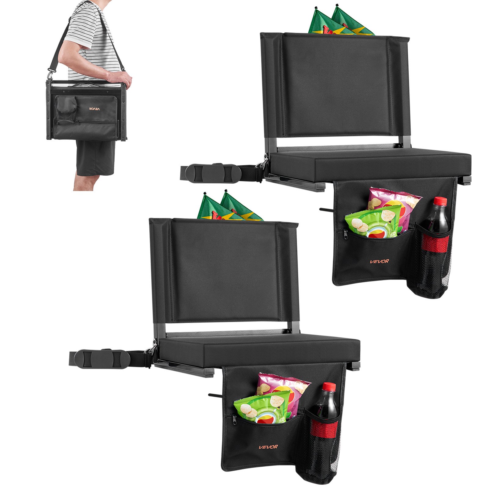 VEVOR Stadium Seat, Folding Bleacher Seat with Back Support and Thick Cushion, Padded Stadium Seats for Bleacher Includes Shoulder Strap, Hooks, Cup Holder, and Side Pocket, Black Bleachers Chair