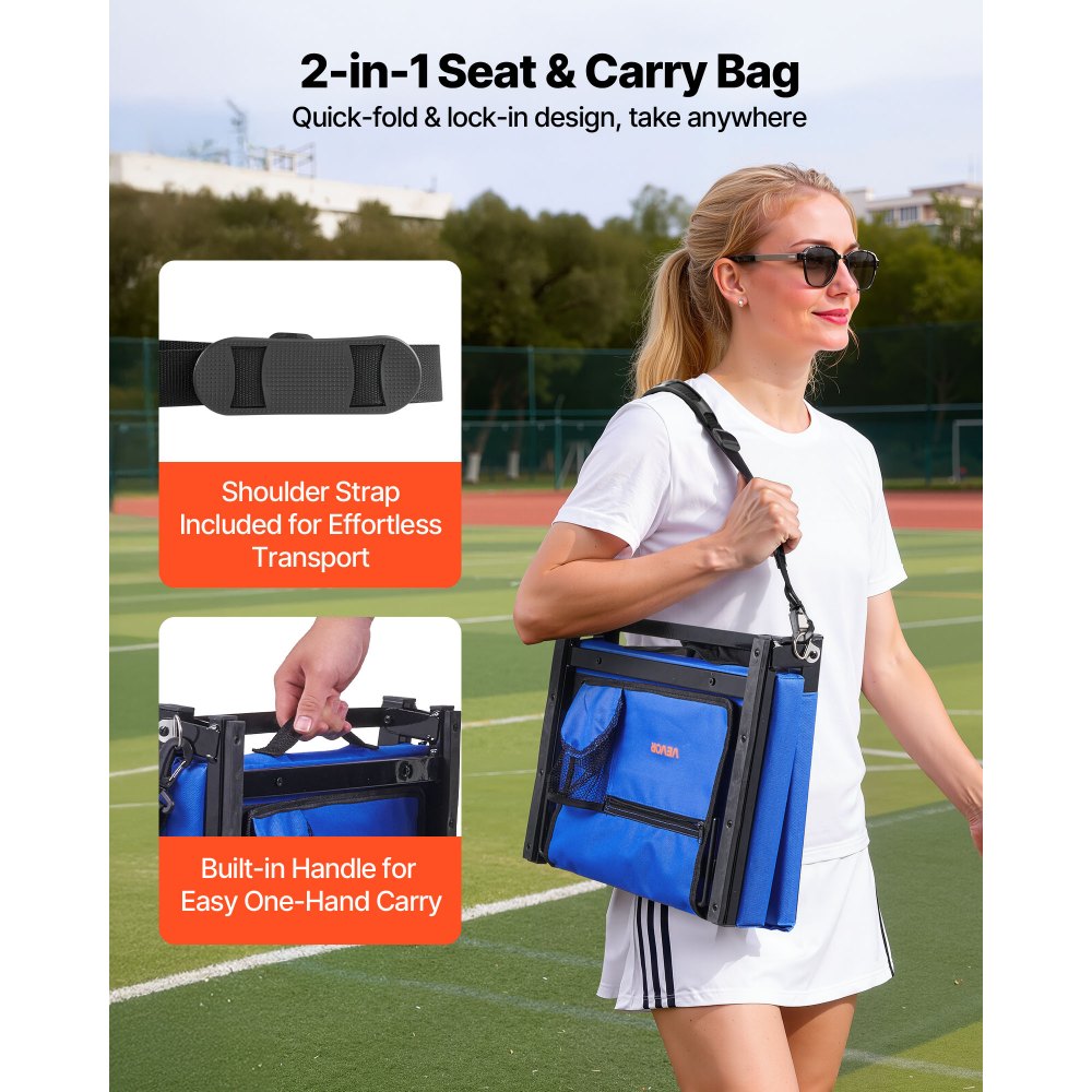 VEVOR Stadium Seat, Folding Bleacher Seat with Back Support & Thick Cushion, Padded Stadium Seats for Bleacher Includes Shoulder Strap, Hooks, Cup Holder, and Side Pocket, Blue Bleachers Chair