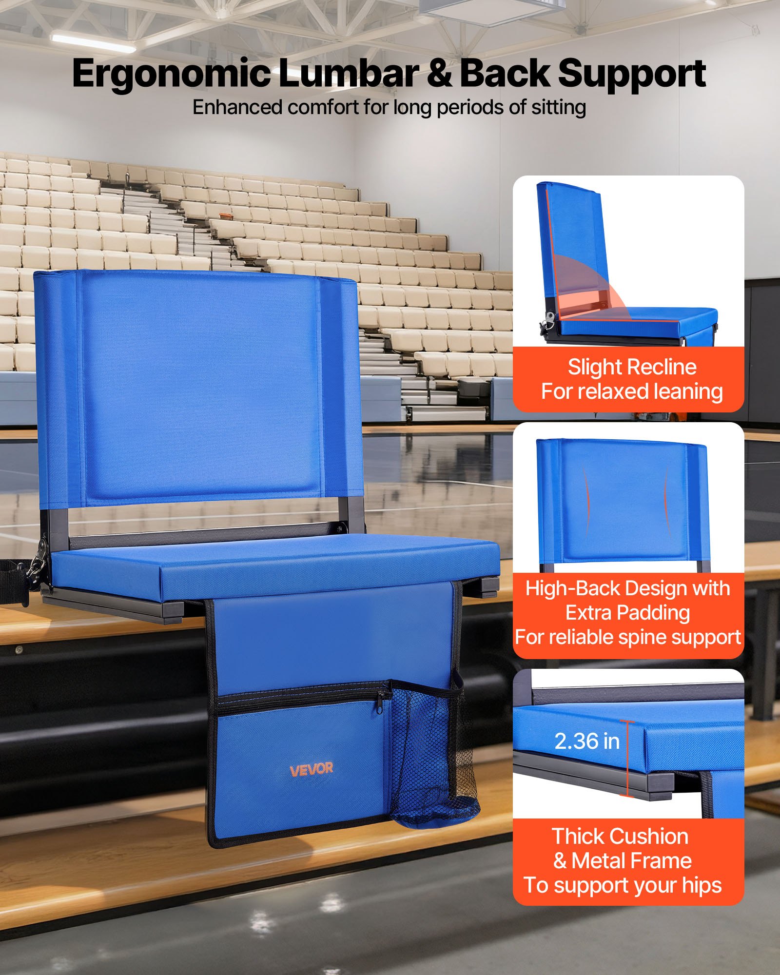 VEVOR Stadium Seat, Folding Bleacher Seat with Back Support & Thick Cushion, Padded Stadium Seats for Bleacher Includes Shoulder Strap, Hooks, Cup Holder, and Side Pocket, Blue Bleachers Chair
