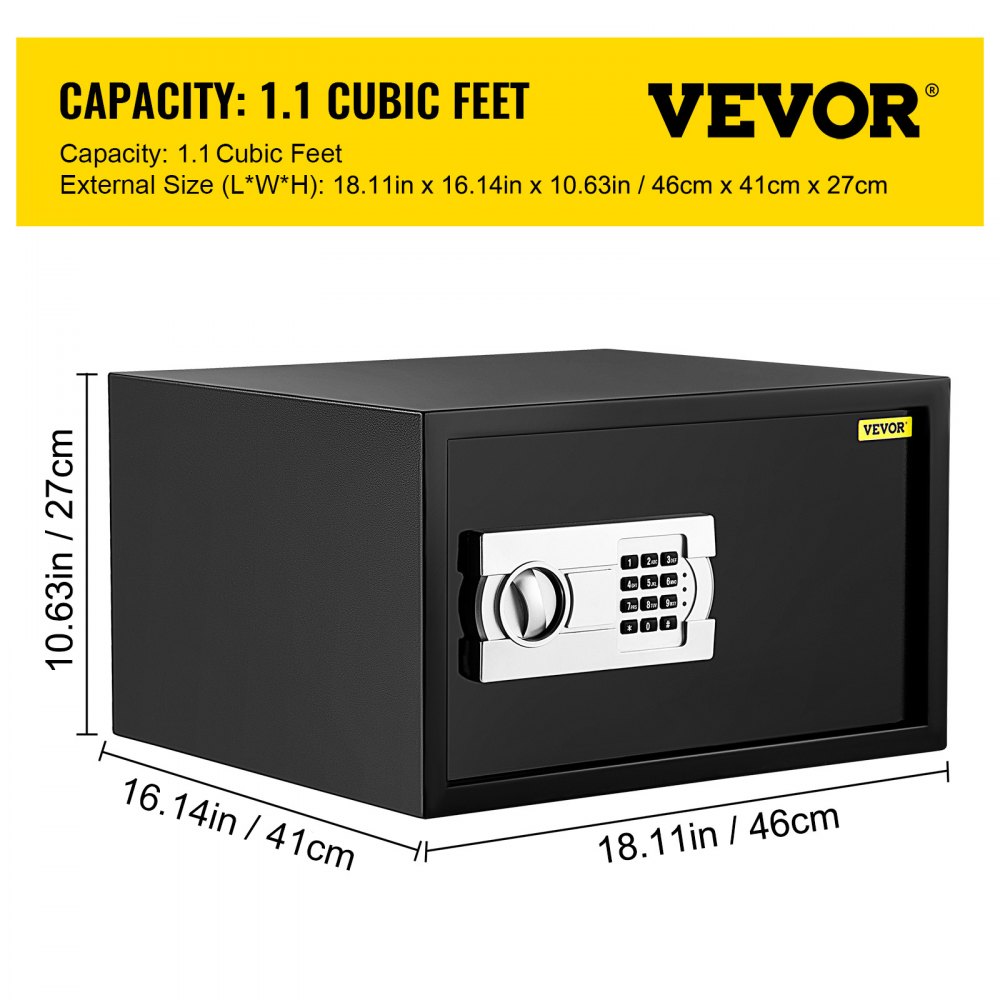 VEVOR Caja de seguridad de 1.1 pies cúbicos, caja de seguridad negra, cajas fuertes de gabinete de 17 x 14.5 x 9 pulgadas, caja fuerte digital con teclado ideal para el hogar, hotel y oficina