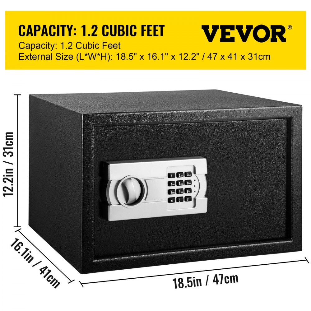 VEVOR Caja fuerte de seguridad de 1.2 pies cúbicos con cerradura digital, caja fuerte digital con dos llaves, construcción de acero al carbono ideal para el hogar, hotel y oficina