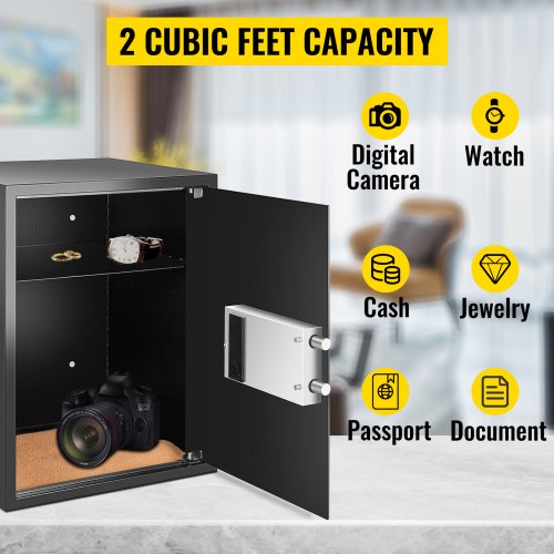 VEVOR Security Safe 2 Cubic Feet, Electronic Safe Box with Electronic Code Lock, Digital Safe Box with Two Override Keys, Fireproof Safe Carbon Steel Material Money Safe 65L for Home, Hotel and Office