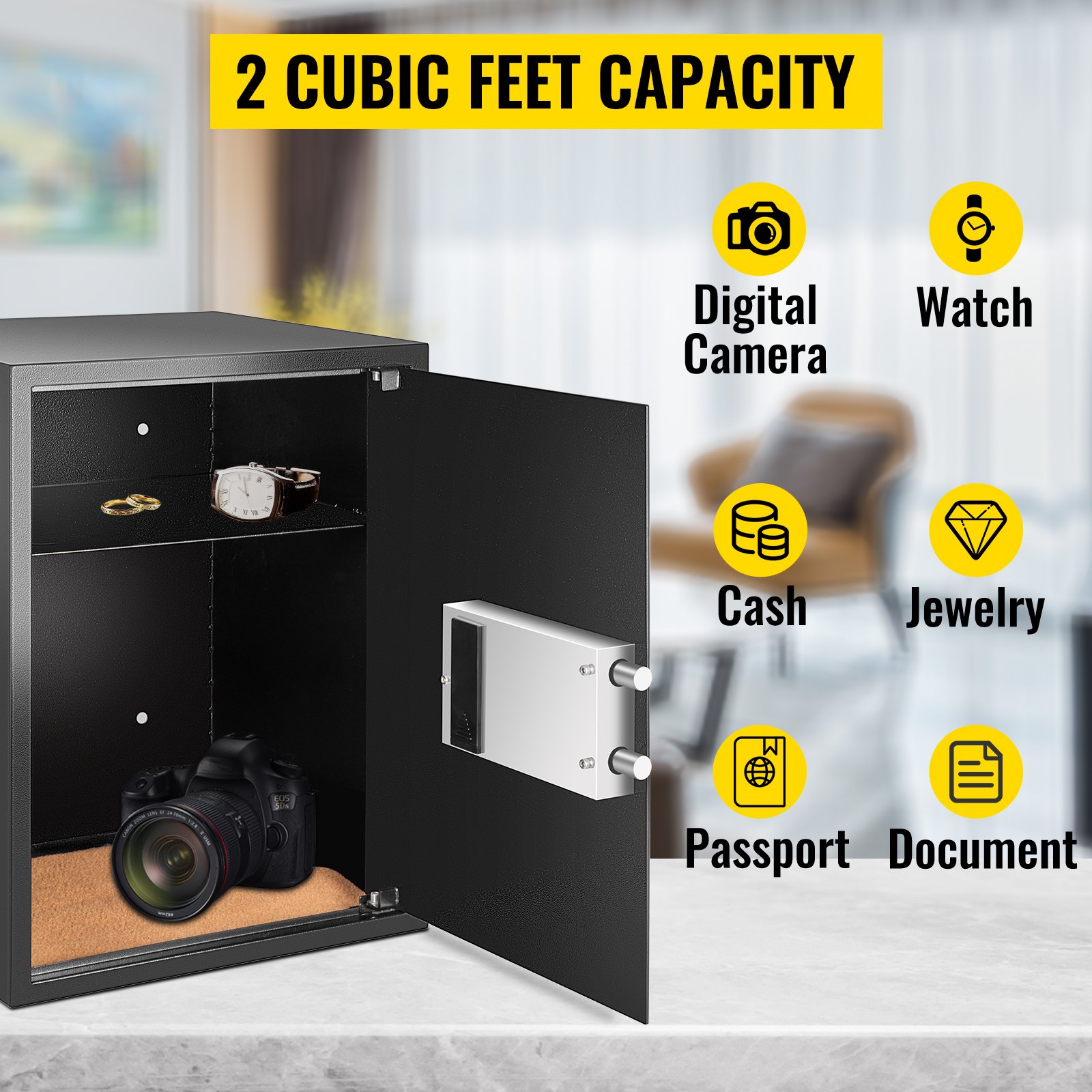 VEVOR Caja fuerte de seguridad electrónica de 2 pies cúbicos con cerradura de código electrónico Caja fuerte digital con dos llaves de anulación Cajas fuertes electrónicas de acero al carbono Caja fuerte para dinero para el hogar, hoteles y oficinas