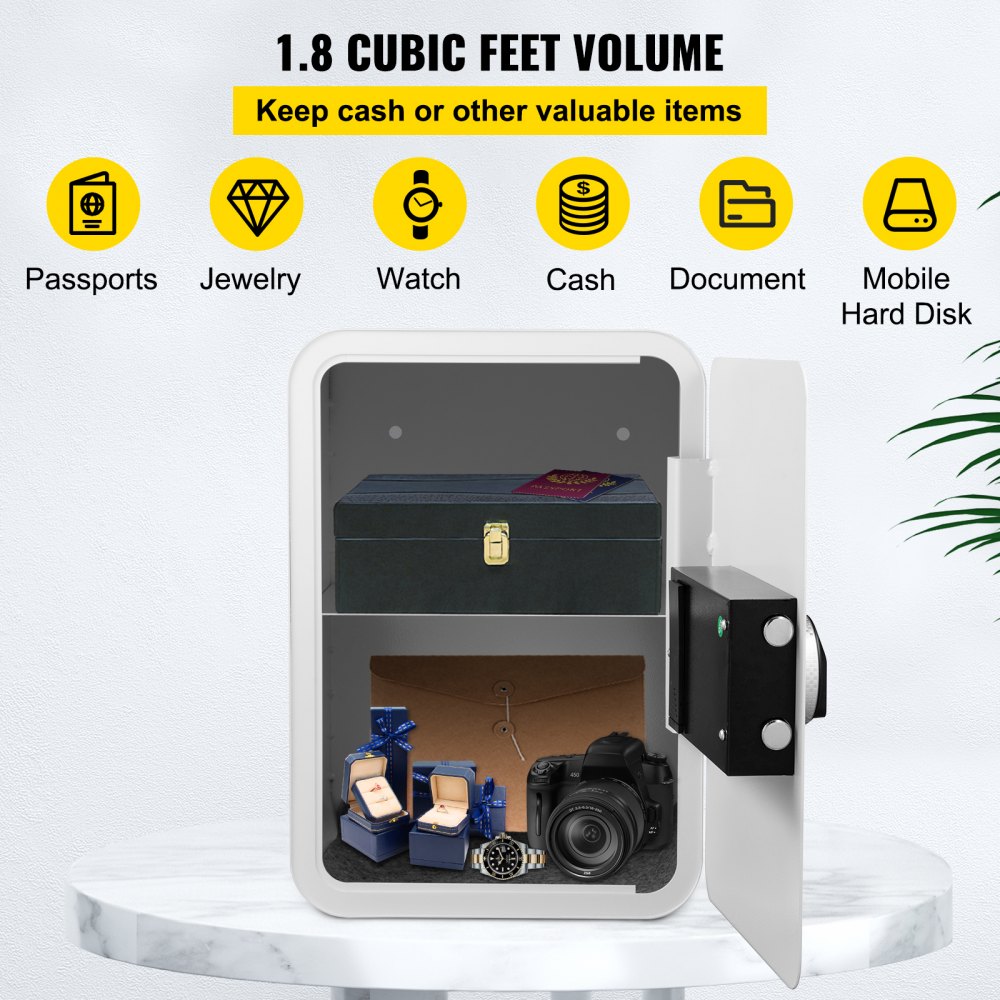 VEVOR Safe Box, 1.8 Cubic Feet Money Safe with Fingerprint Lock and Key Lock, Alloy Steel Home Safes with A Removable Shelf, Jewelry, Passports, Documents (White) (White Safe Box)