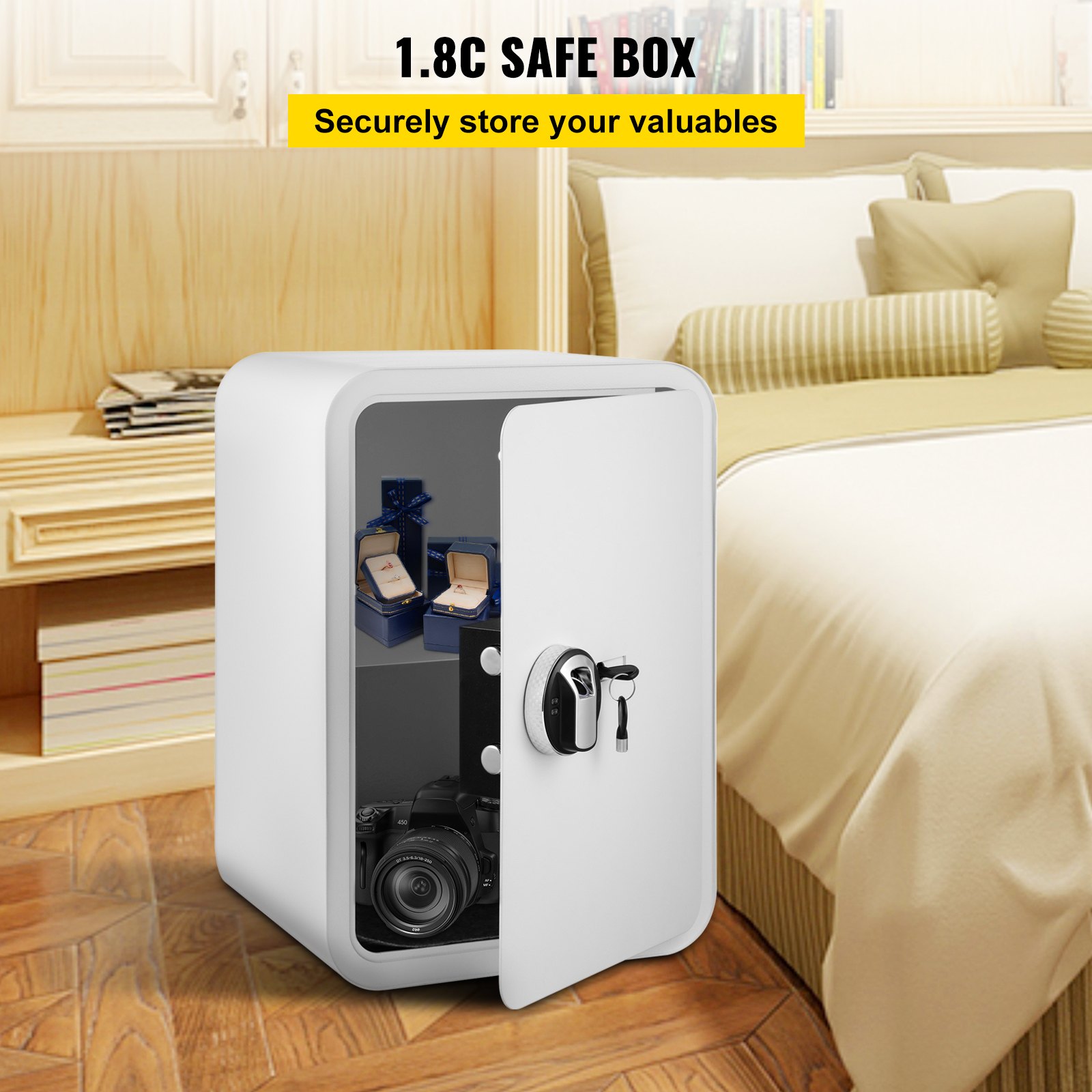 VEVOR Safe Box, 1.8 Cubic Feet Money Safe with Fingerprint Lock and Key Lock, Alloy Steel Home Safes with A Removable Shelf, Jewelry, Passports, Documents (White) (White Safe Box)