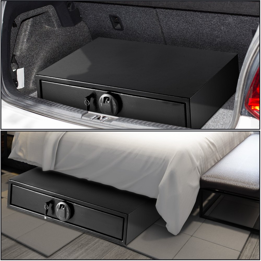 VEVOR Under Bed Gun Safe Fingerprint Lock Under Bed Safe with Two Emergency Keys Under Bed Gun Storage Horizontal Gun Safe Gun Drawer Carbon Steel Truck Bed Gun Storage for Home Hotel Office & Vehicle
